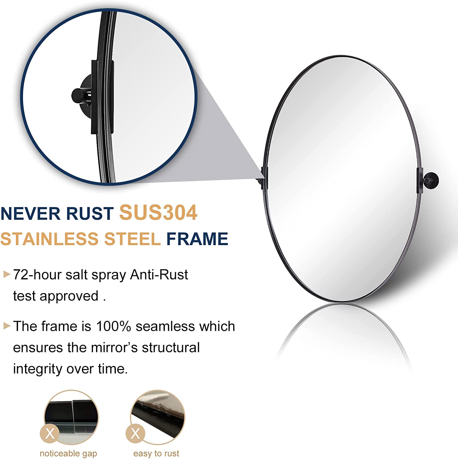 Adjustable Tilting Oval Pivot Mirror with Stainless Steel Frame for Bathroom Vanity | Perfect for Makeup, Shaving & Home Decor