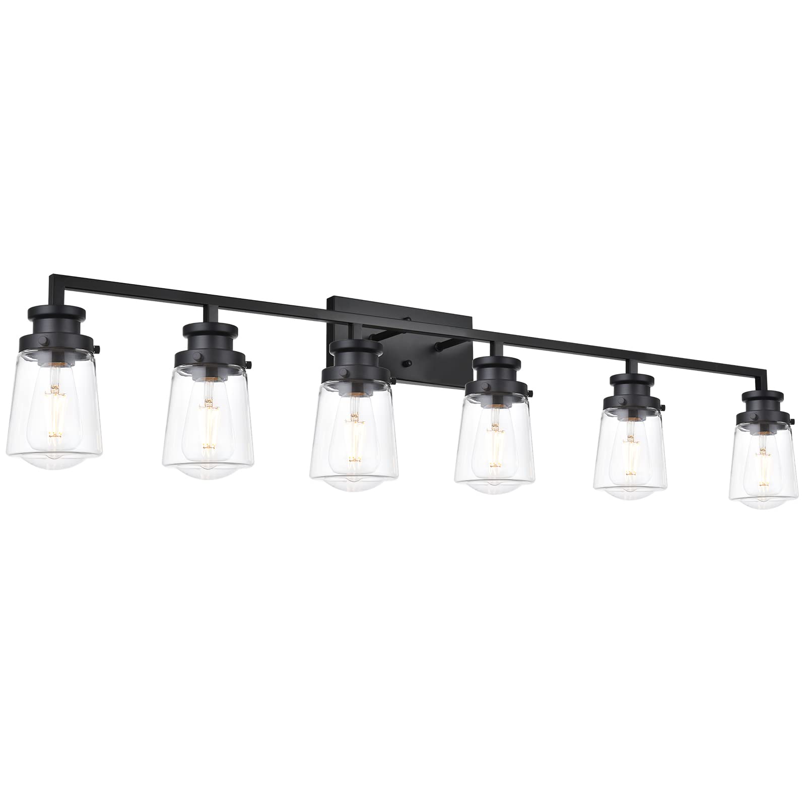 VINLUZ 6-Light Matte Black Bathroom Vanity Light Fixture - Modern Wall Mounted Mirror Lighting with Clear Glass Shades & E26 Base | Perfect for Contemporary Bathrooms, Powder Rooms & Dressing Areas