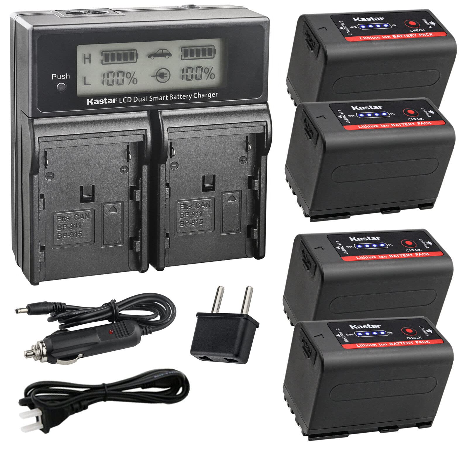 Kastar 4-Pack Battery and AC LCD Dual Fast Charger for Canon BP-911/914/915/925/930/935/945/950/955/950G Pro/970G/975/980G Pro - Perfect for Travel, Photography & Professional Use