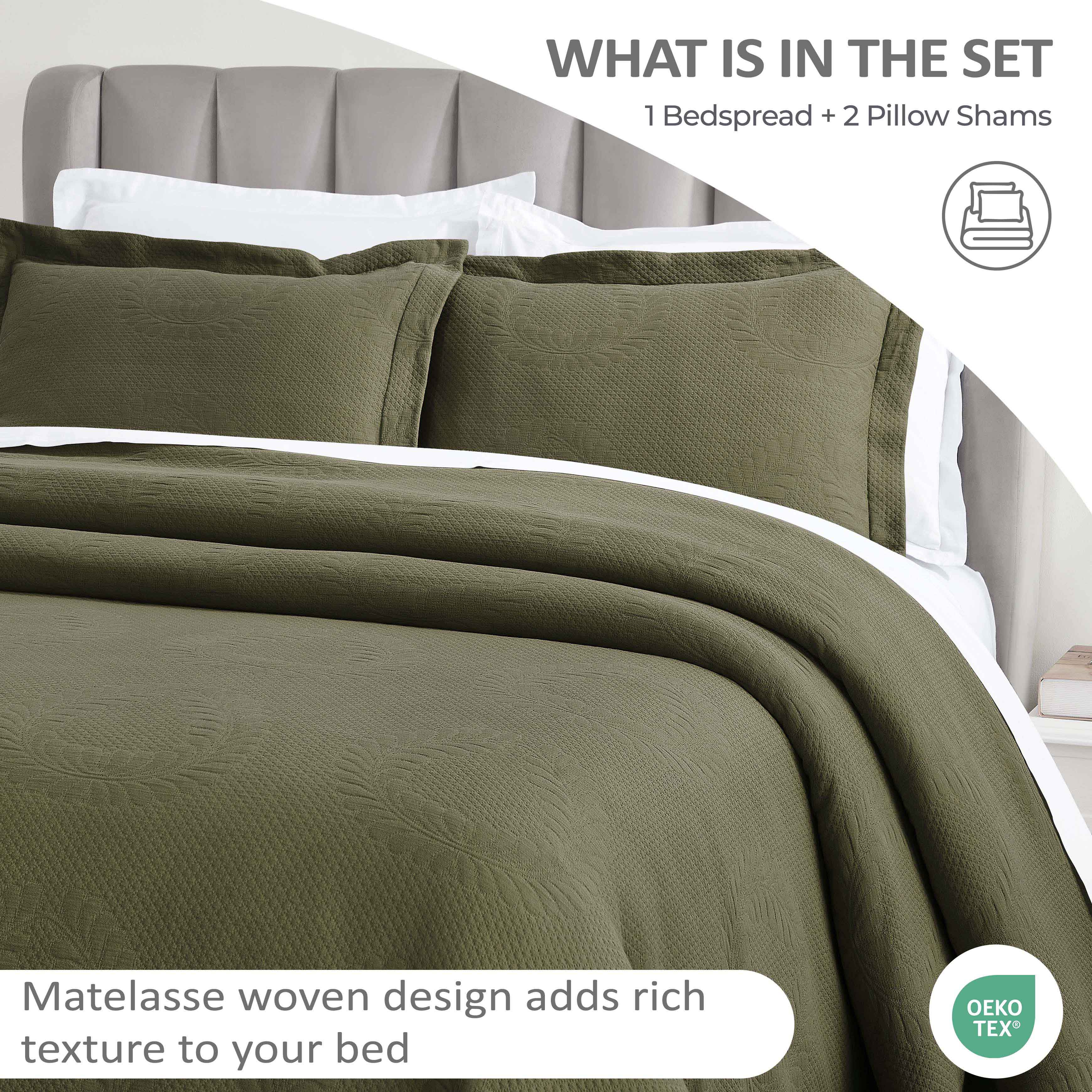 Peploi Cotton Medium Weight Matelasse Bedspread & Sham Set - Queen Size, Luxury Textured Bed Cover for Master Bedroom, Guest Room & Dorm Decor