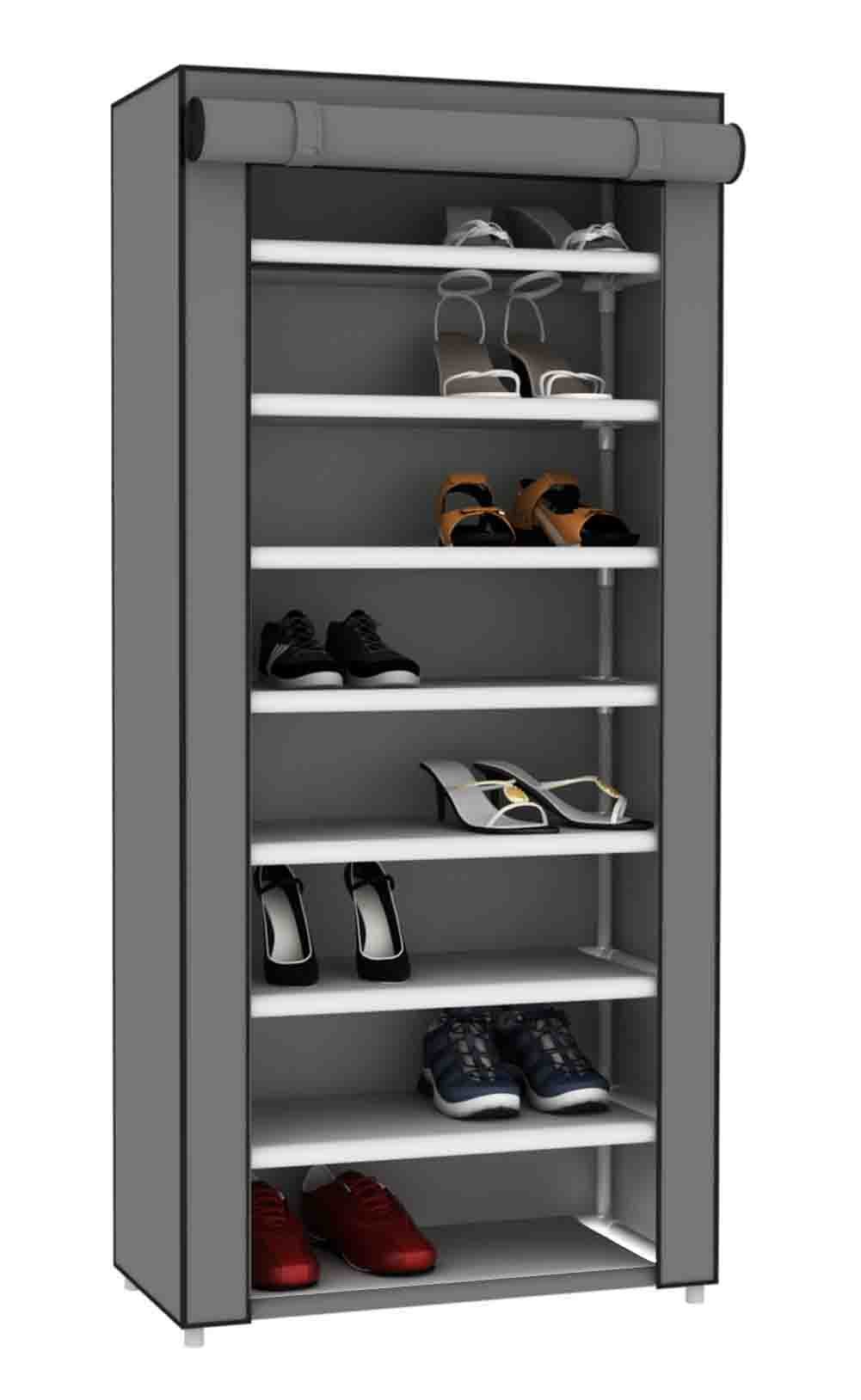 Sunbeam 7-Tier Portable Wardrobe Storage Closet - Heavy Duty Non-Woven Shoe Rack & Clothing Organizer with Roll-Down Cover (Grey) - Fits 24 Pairs of Shoes - Perfect for Bedroom, Closet, Dorm Room & Small Space Organization