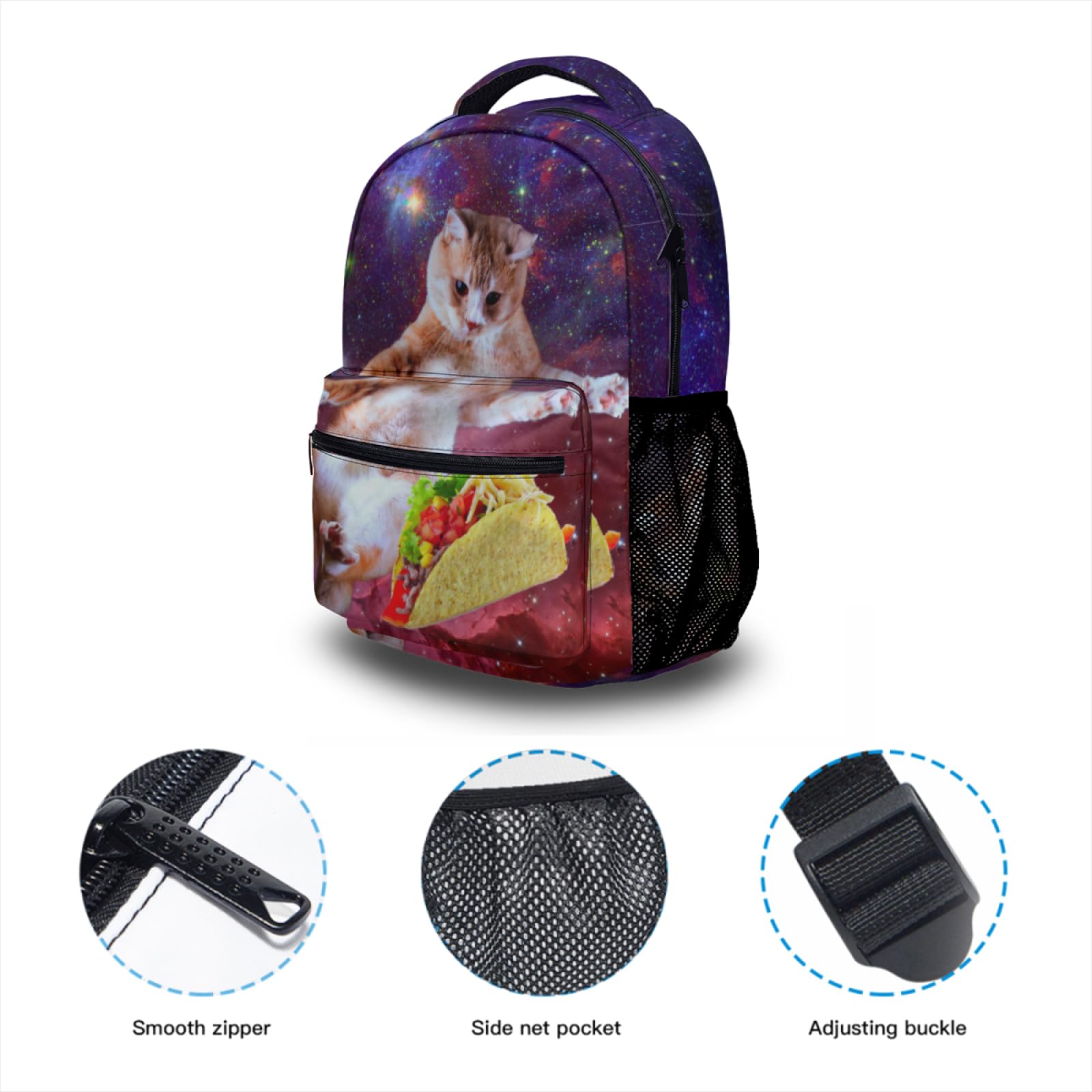 Space Taco Cat Laptop Backpack - Cute Galaxy Print College Bookbag with Purple Nebula Design for Students, Travel & Work | Durable 15.6 Inch Notebook Daypack for School, Office & Commuting