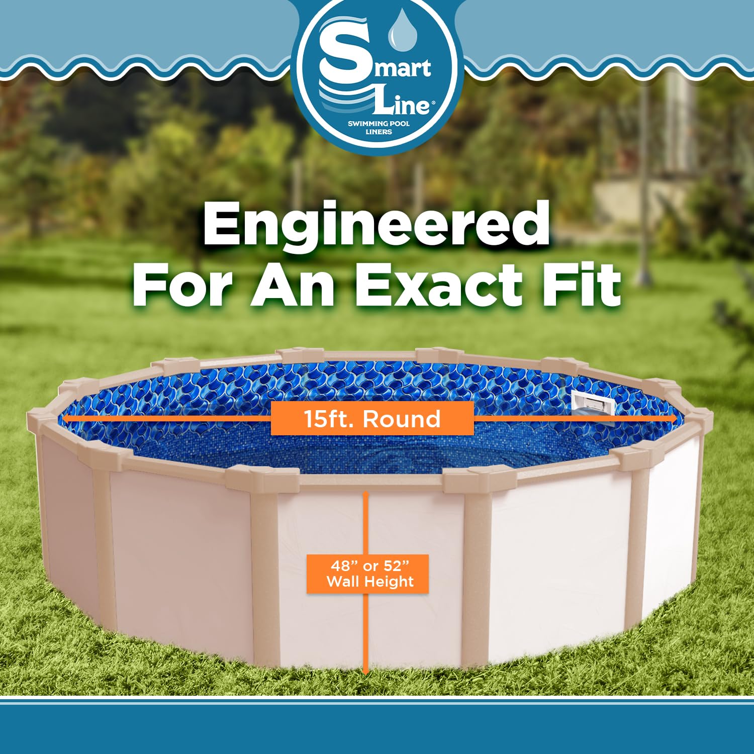 SmartLine 15 ft Round Swimming Pool Liner - Waves of Poseidon Design | Overlap Style for Steel Sided Above Ground Pools | 48-52 Inch Wall Height | 25 Gauge Heavy Duty Virgin Vinyl | Perfect for Backyard Summer Fun & Family Gatherings