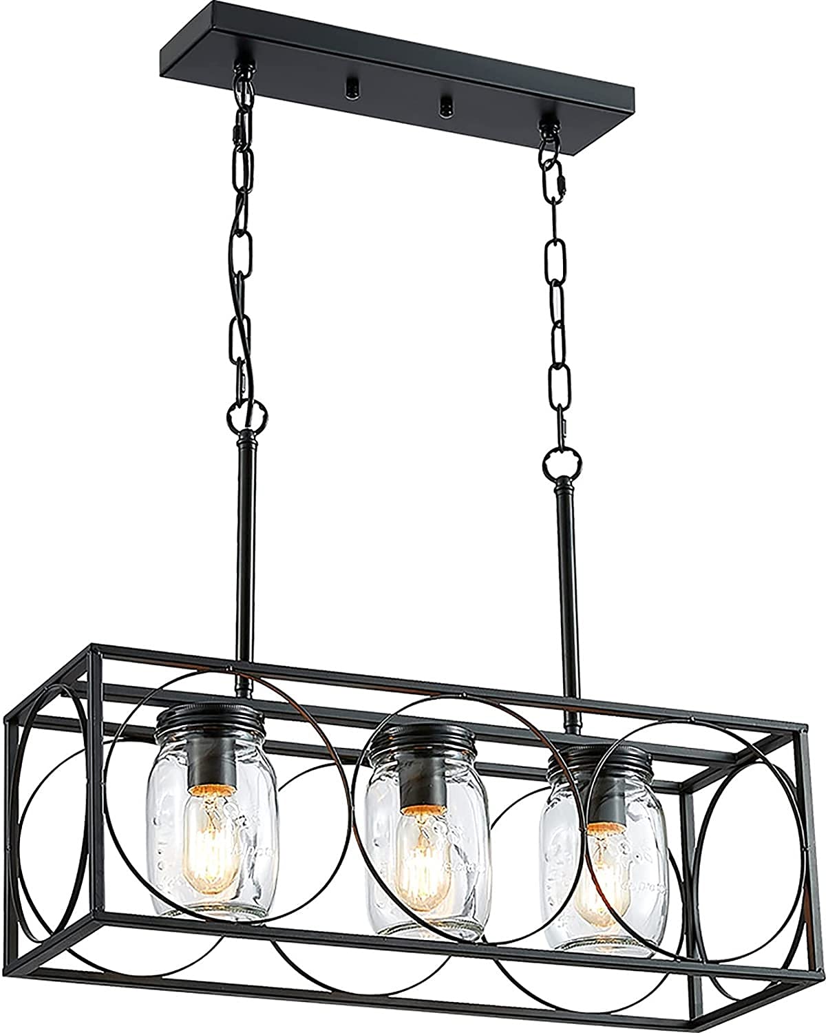 Rustic Farmhouse Mason Jar Chandelier Light - 3-Light Black Linear Pendant Lighting for Kitchen Island & Dining Room | Vintage Ceiling Fixture for Home Decor, Wedding, Restaurant & Cafe Ambience