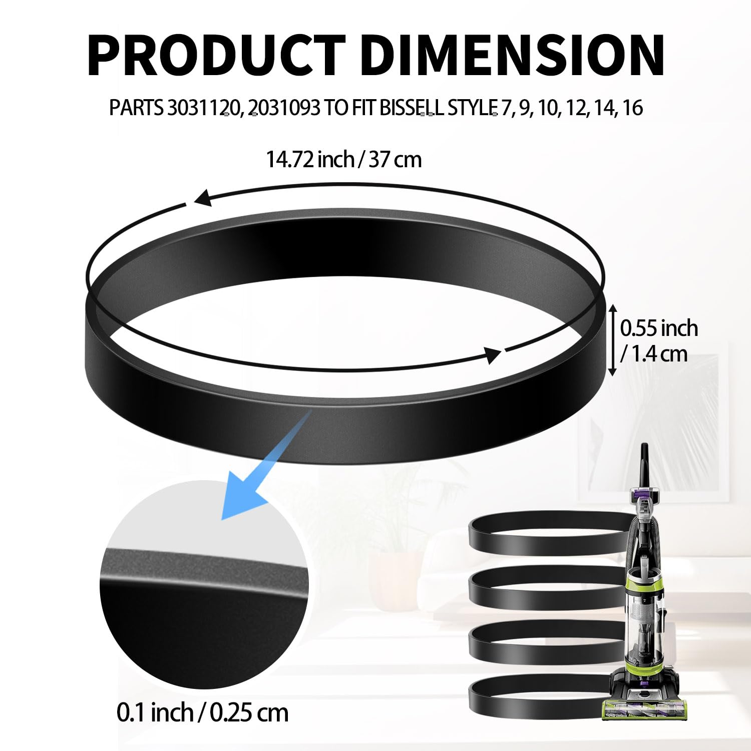 Bissell Vacuum Belt 4 Pack for Style 7/9/10 - PowerForce, Helix, CleanView - Home Cleaning Accessories