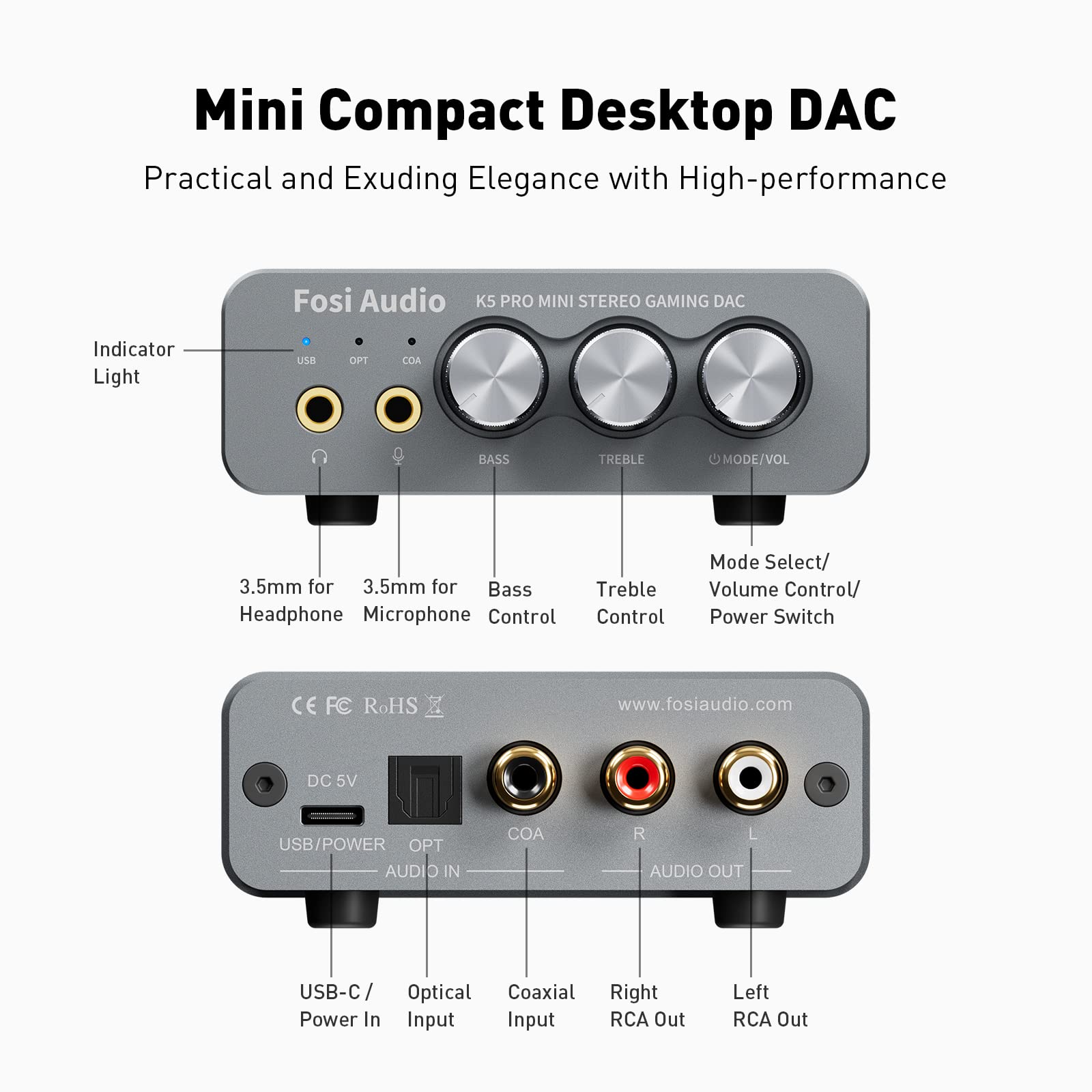 Fosi Audio K5 Pro Gaming DAC & Headphone Amplifier - Mini Hi-Fi Stereo DAC with USB-C/Optical/Coaxial to RCA/3.5mm AUX - for PS5, PC, Mac, Computer - Perfect for Gaming, Music Production & Home Audio Systems