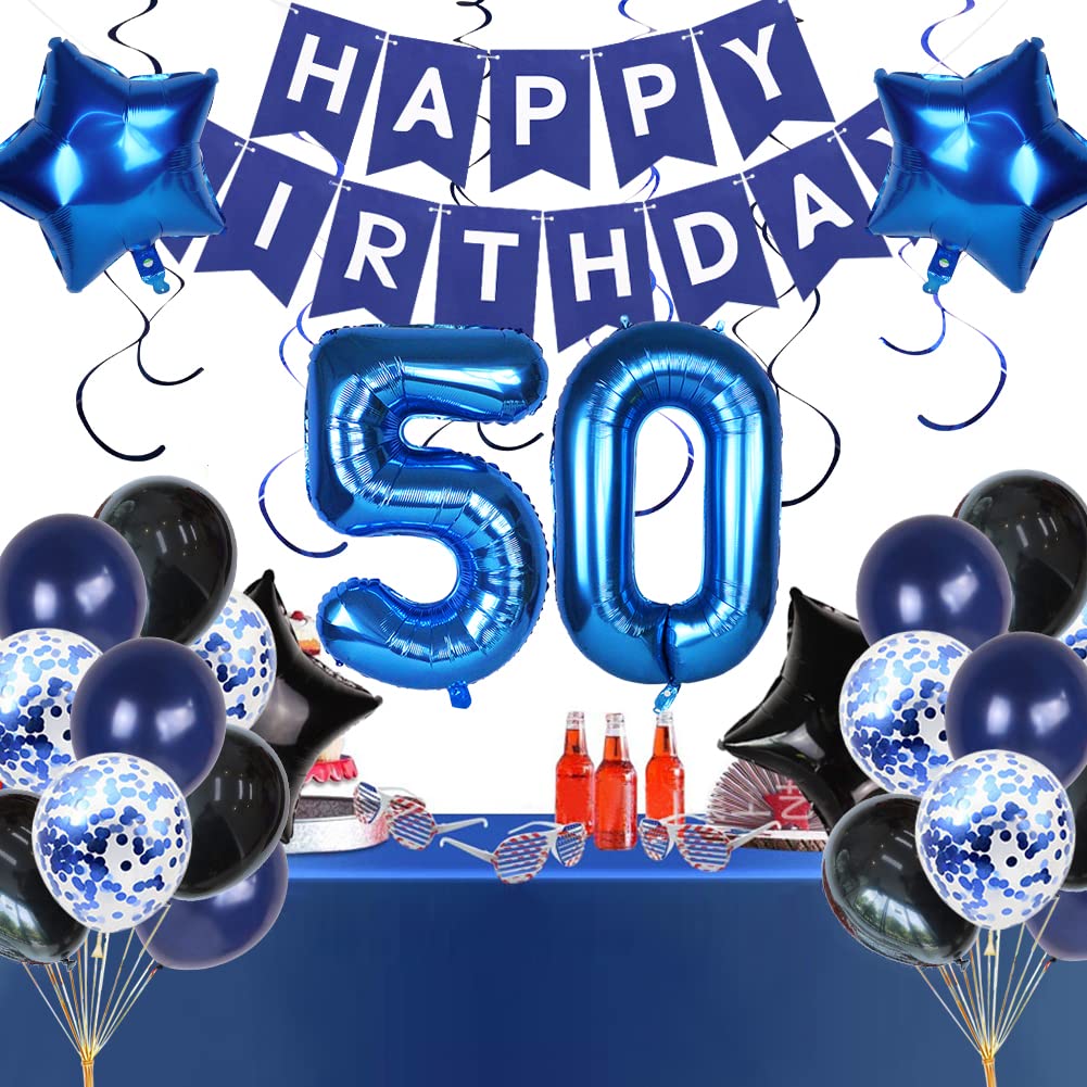 50th Birthday Decorations for Men - Blue Happy Birthday Banner with Number 50 Foil Balloon - Perfect for 50th Anniversary Party Decor & Backdrop - Ideal for Milestone Celebrations, Retirement Parties & Special Occasions