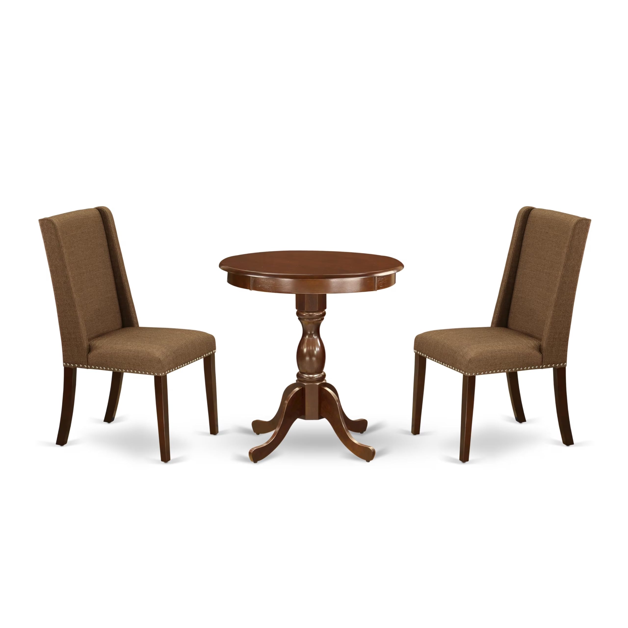 East West Furniture ESFL3-MAH-18 3-Piece Round Dining Table Set with Pedestal Base & 2 Brown Linen Upholstered Chairs, 30x30 Inch, Mahogany Finish - Perfect for Small Spaces, Breakfast Nooks & Cozy Apartments