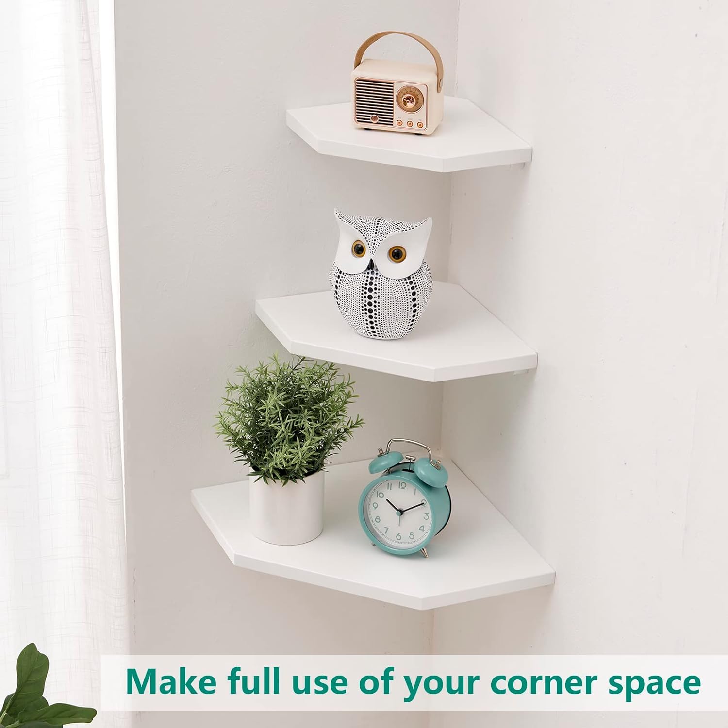 White Oak Corner Floating Shelves Set of 2 - Solid Wood Wall Mounted Display Shelves with Wire Hole for Plants, Decor - Perfect for Kitchen, Living Room & Bedroom Storage & Organization