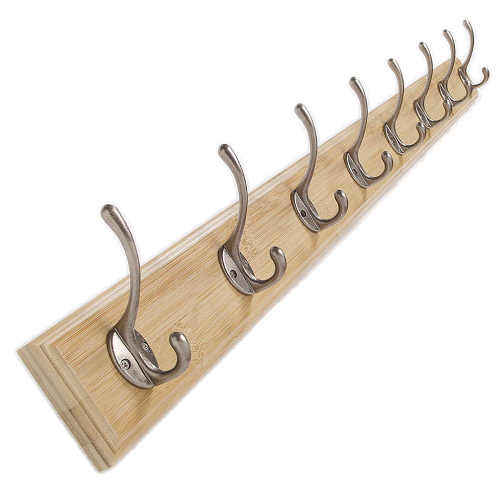 Wall Mounted Coat Hook with Metal Double Hooks - Bamboo Clothes Hanger, Hat & Key Holder - Retro Storage Organizer for Entrance, Hall, Bedroom & Bathroom - Natural Finish (8 Inch) - Perfect for Small Space Organization & Home Decor