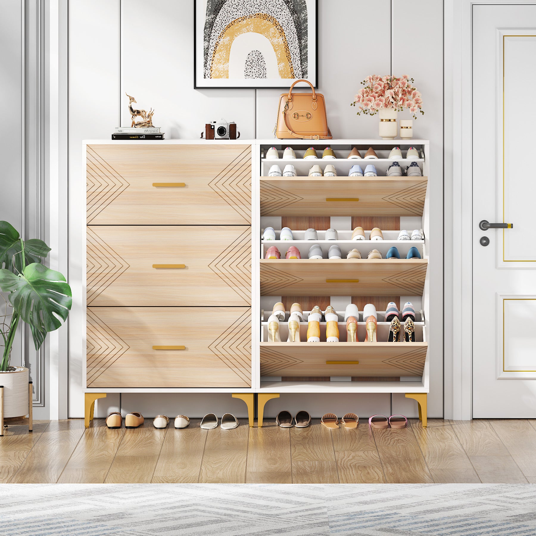 Slim Shoe Cabinet with 3 Flip Drawers - Space Saving Hidden Shoe Rack Organizer for Entryway, Closet & Bedroom Storage