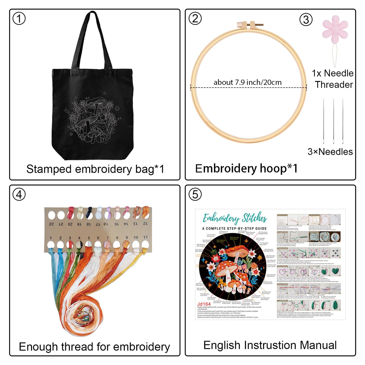 Louise Maelys Cross Stitch Kit for Beginners - Embroidery Canvas Tote Bag with Mushroom Flower Pattern, Needlepoint Art Craft Kit for Adults Includes Hoop & Instructions - Perfect for DIY Gifts, Home Decor & Relaxing Hobbies