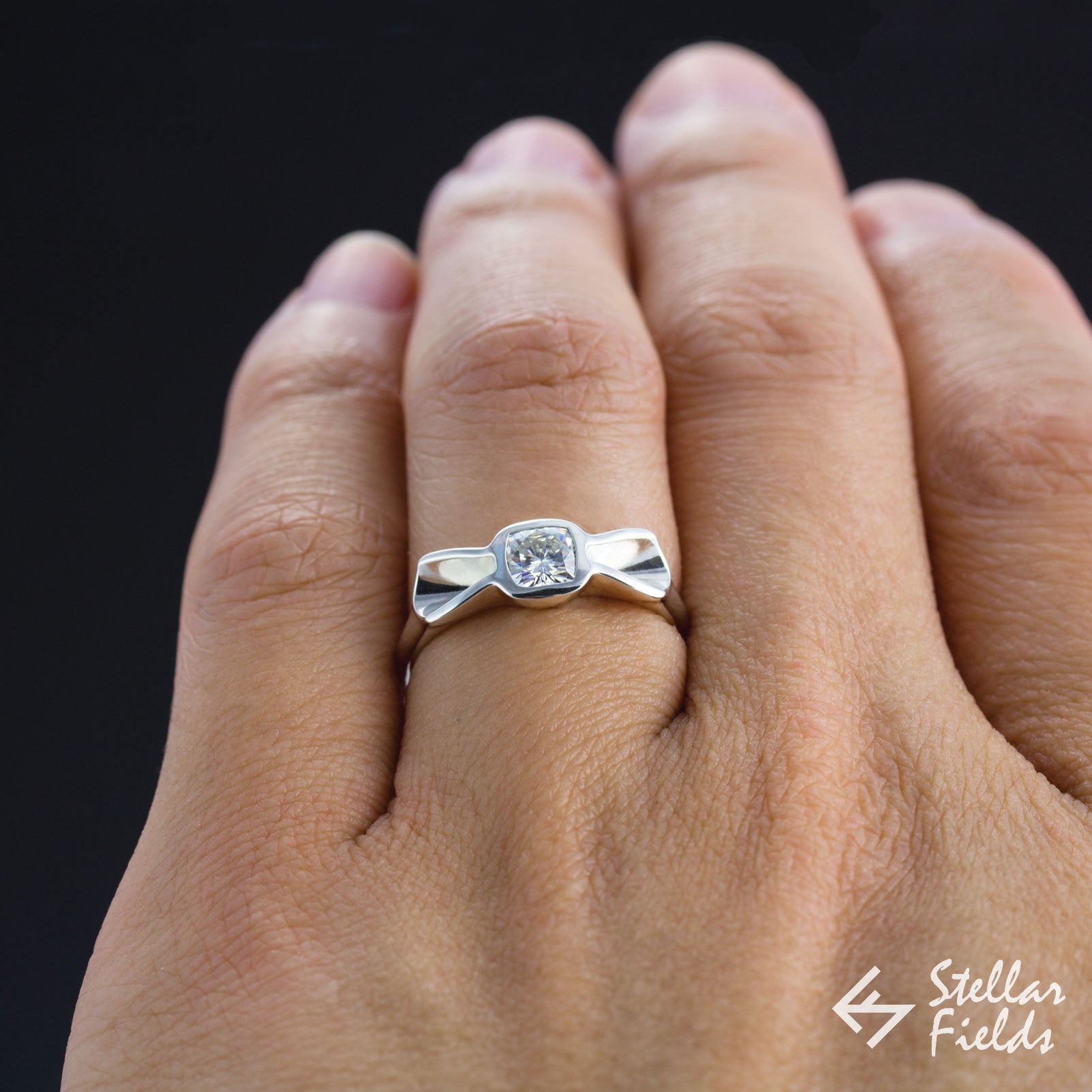 Modern Bow Ring with Charles & Colvard Cushion Moissanite in 14K Gold or Platinum - Perfect for Engagement, Anniversary & Special Occasions