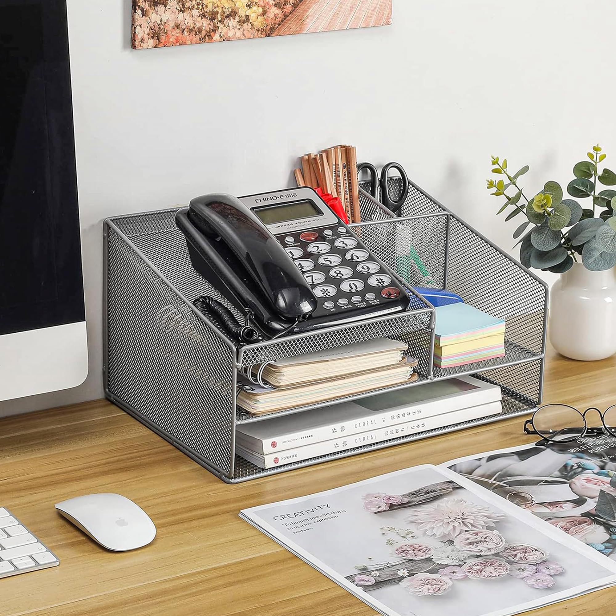 Silver Telephone Stand & Desk Organizer with Letter Tray - Phone Holder, Pen Pencil Organizer for Office, School, Home - Perfect for Workspace Organization & Productivity Boost