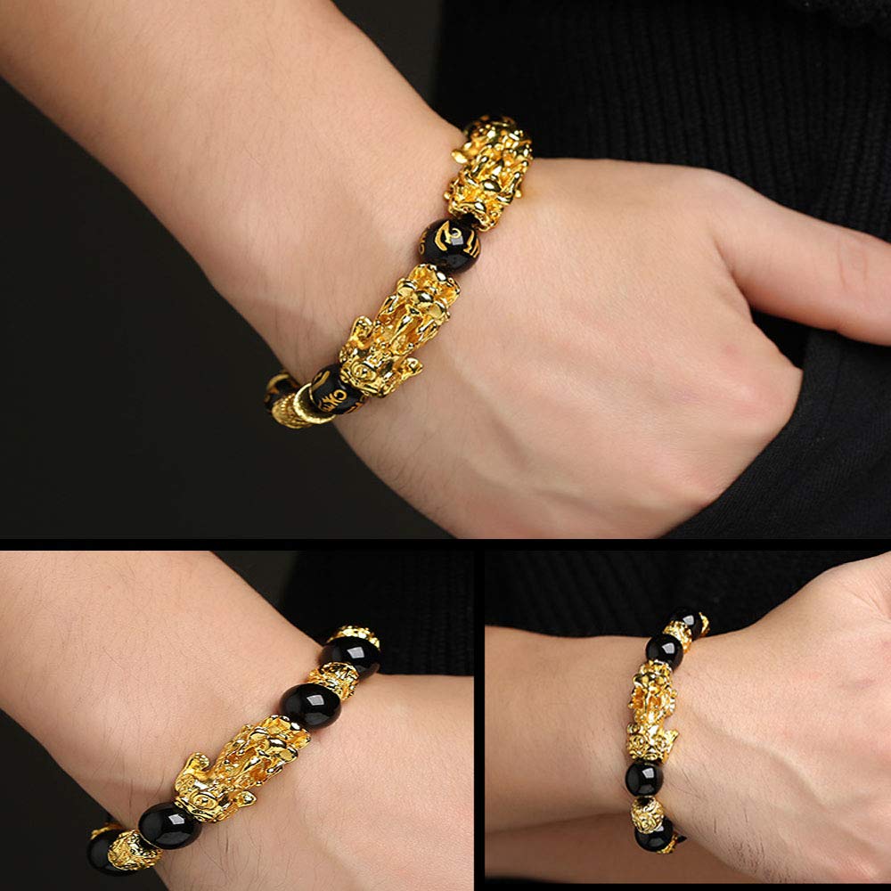 2Pcs Feng Shui Bracelets with Gold Plated Pixiu - Adjustable Black Obsidian Beaded Bracelet for Men & Women - Wealth & Good Luck Amulet - Perfect for Meditation, Protection & Positive Energy