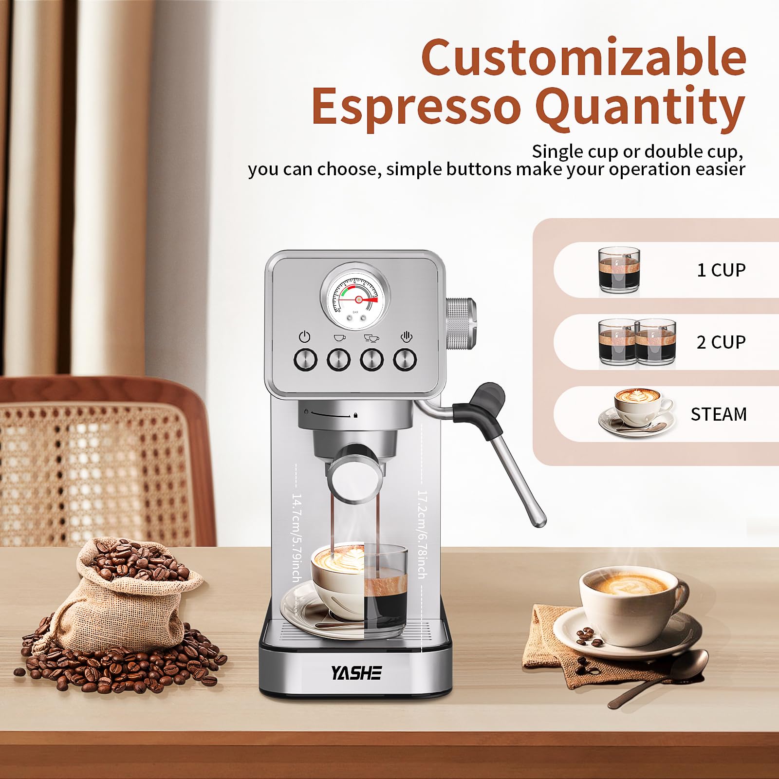 YASHE 20 Bar Espresso Machine with Milk Frother - 1350W Semi-Automatic Coffee Maker for Home, 37.2oz Removable Water Tank - Perfect for Espresso, Cappuccino & Latte | Ideal for Kitchen Countertop & Coffee Bar Use