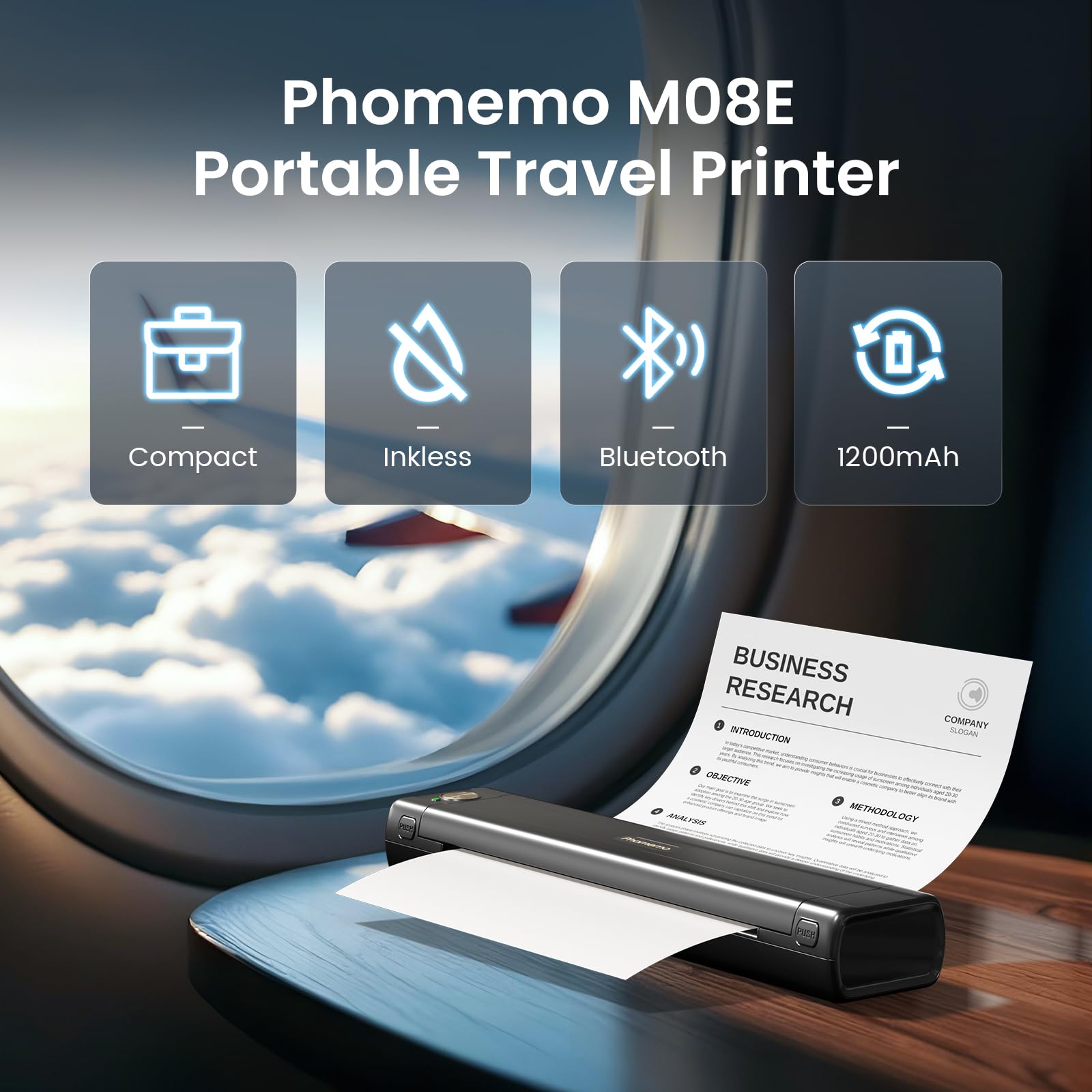 Phomemo M08E Portable Bluetooth Thermal Printer - Inkless Printing for iPhone, Android & Laptop - Includes 100 Sheets 8.5