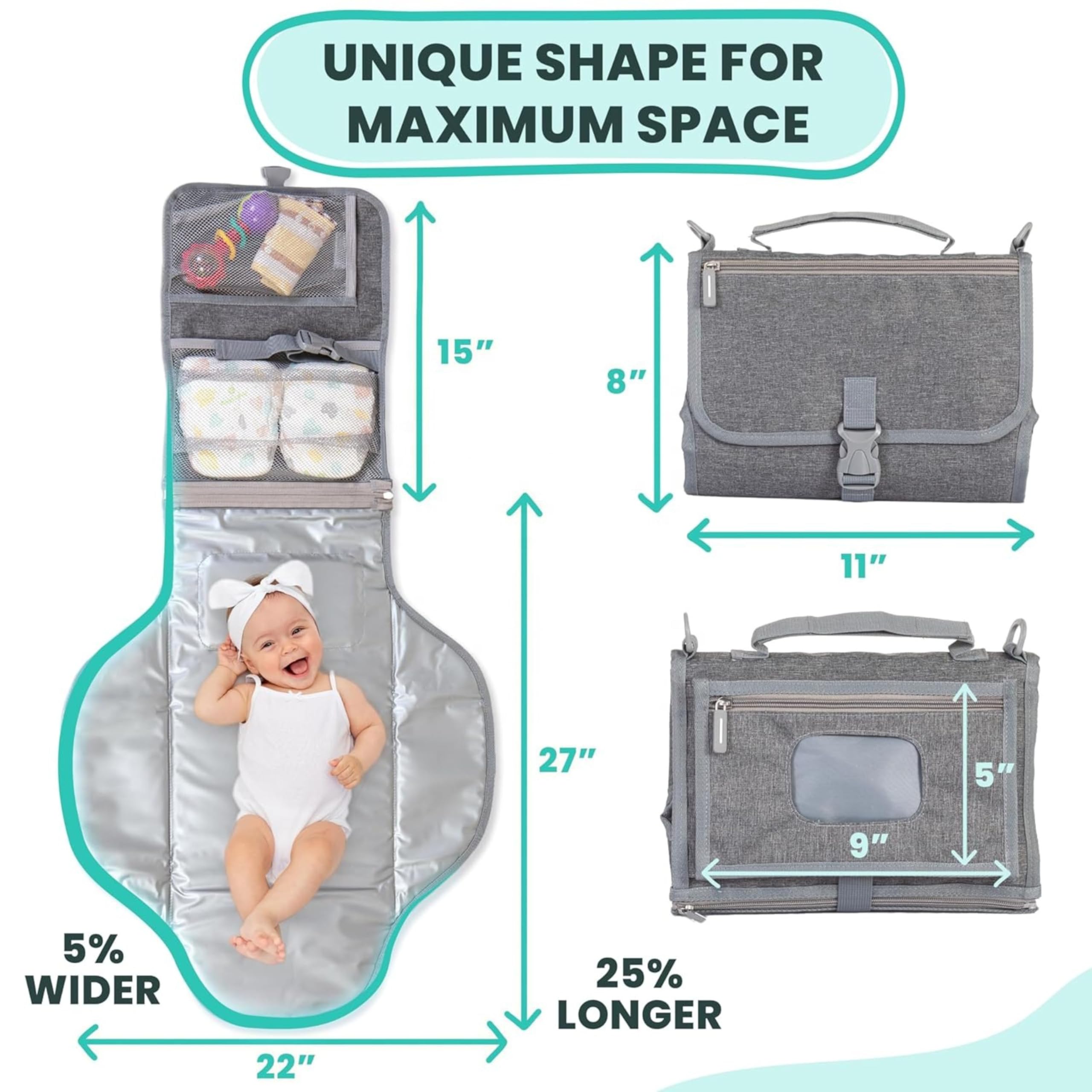 Portable Waterproof Diaper Changing Pad for Newborns - Travel Baby Changing Mat with Smart Wipes Pocket - Perfect for On-the-Go Parents, Nursery & Diaper Bags (Grey)