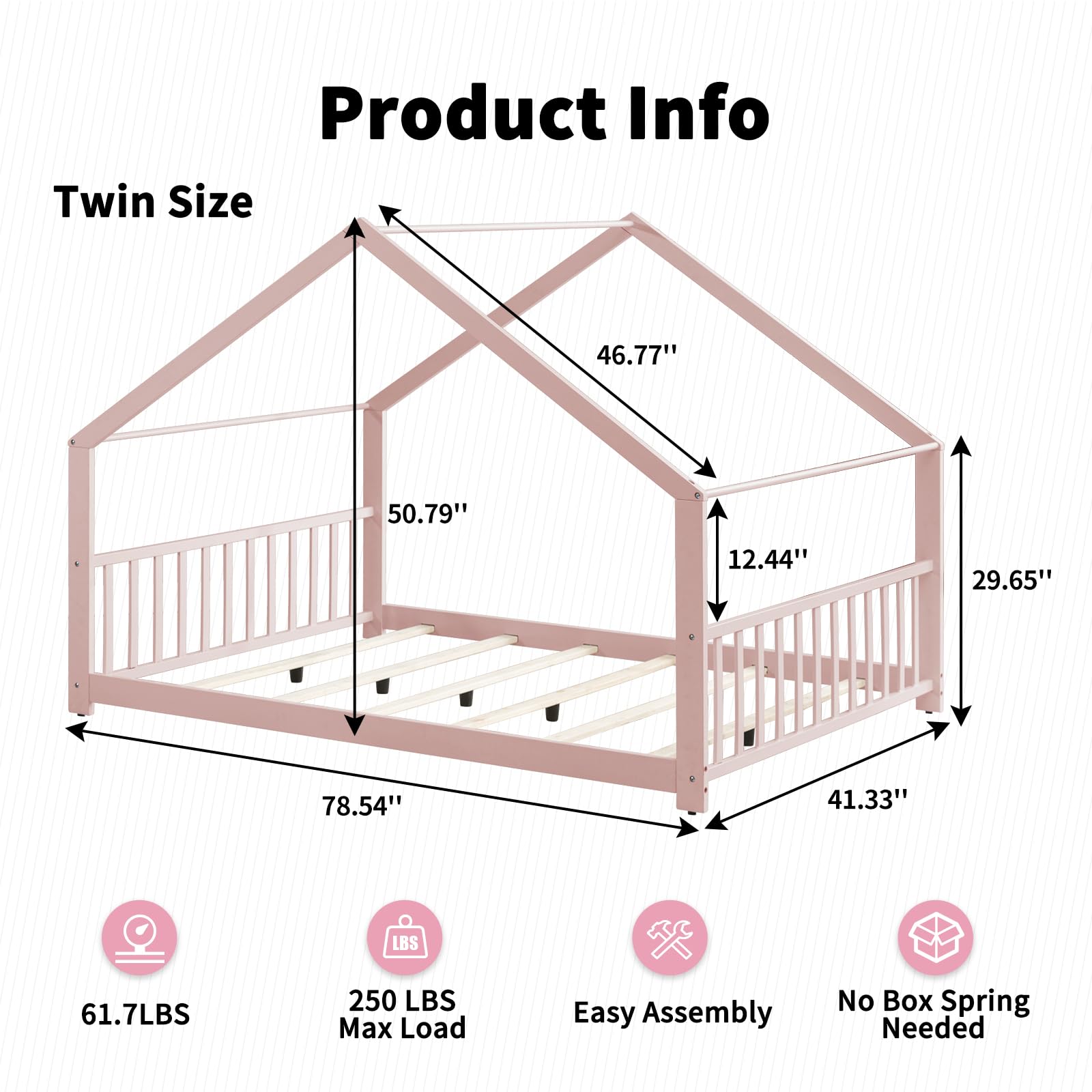 Montessori Twin Size Floor Bed with Wooden House Frame & Roof - Pink Kids Bed for Boys & Girls - Perfect for Toddler Bedrooms & Playrooms