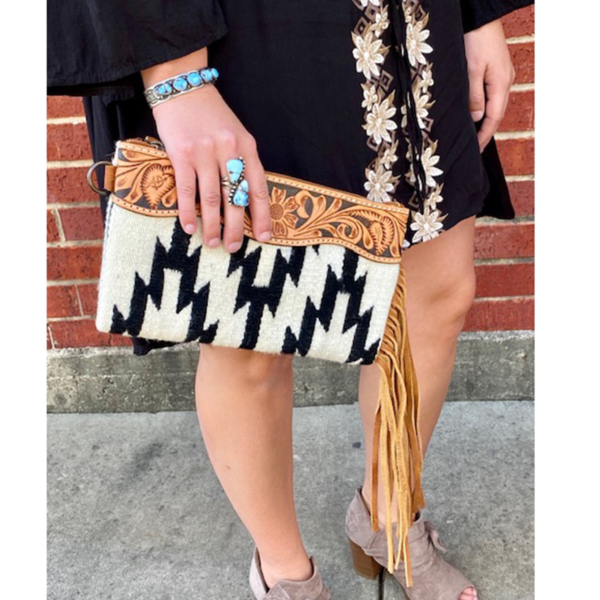 American Darling Black & White Aztec Tooled Leather Clutch Purse - Stylish Evening Bag for Women, Perfect for Parties, Weddings & Date Nights