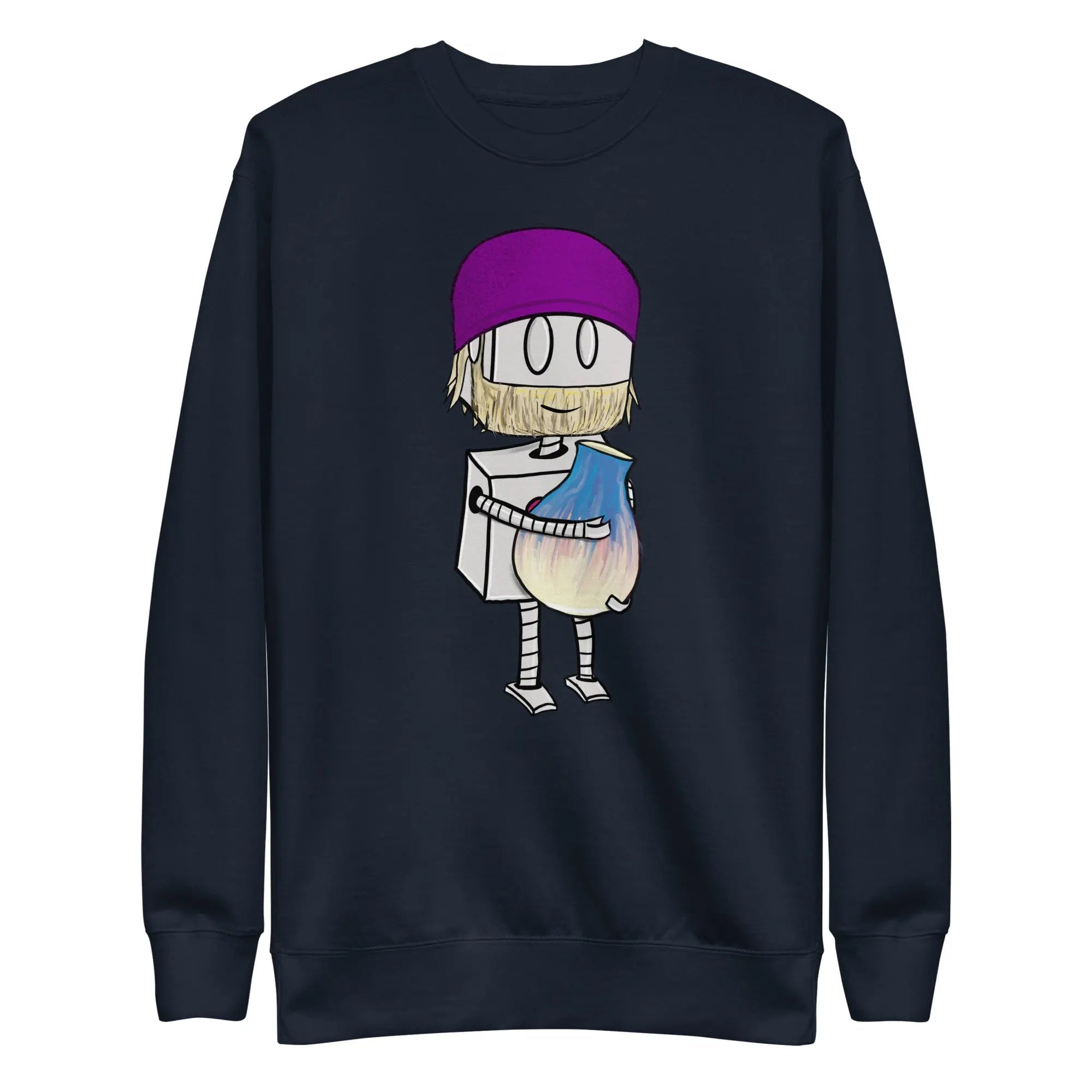 Cute Robot Unisex Crewneck Sweatshirt | Bearded Potter with Beanie Design | Comfortable Cotton Pullover for Men & Women | Perfect for Casual Wear, Cosplay & Gifts