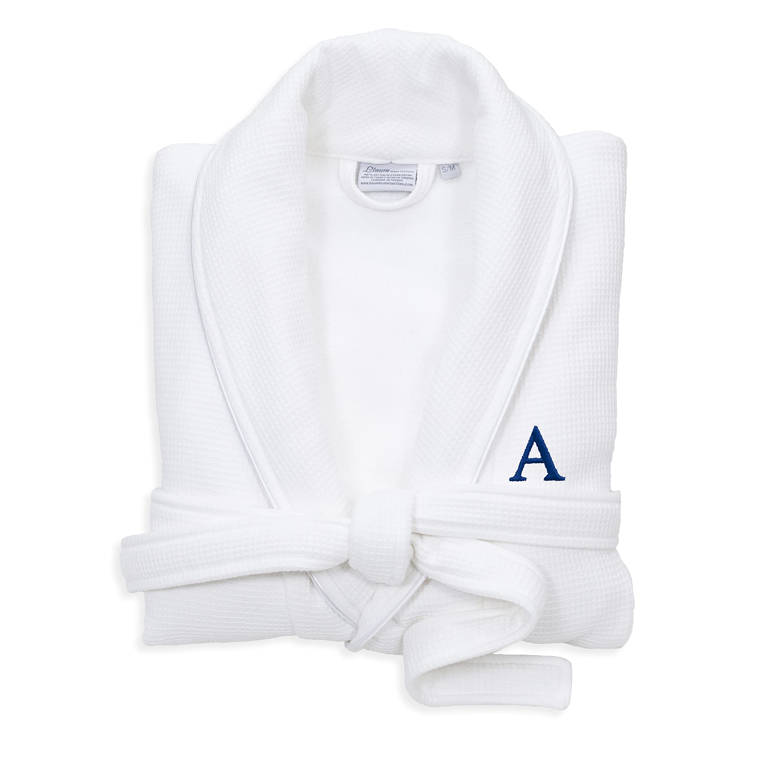 Premium White Unisex Turkish Cotton Waffle Weave Bathrobe with Navy Blue Monogram - Soft Absorbent Terry Cloth Robe for Spa, Hotel & Home Relaxation (Size L/XL)