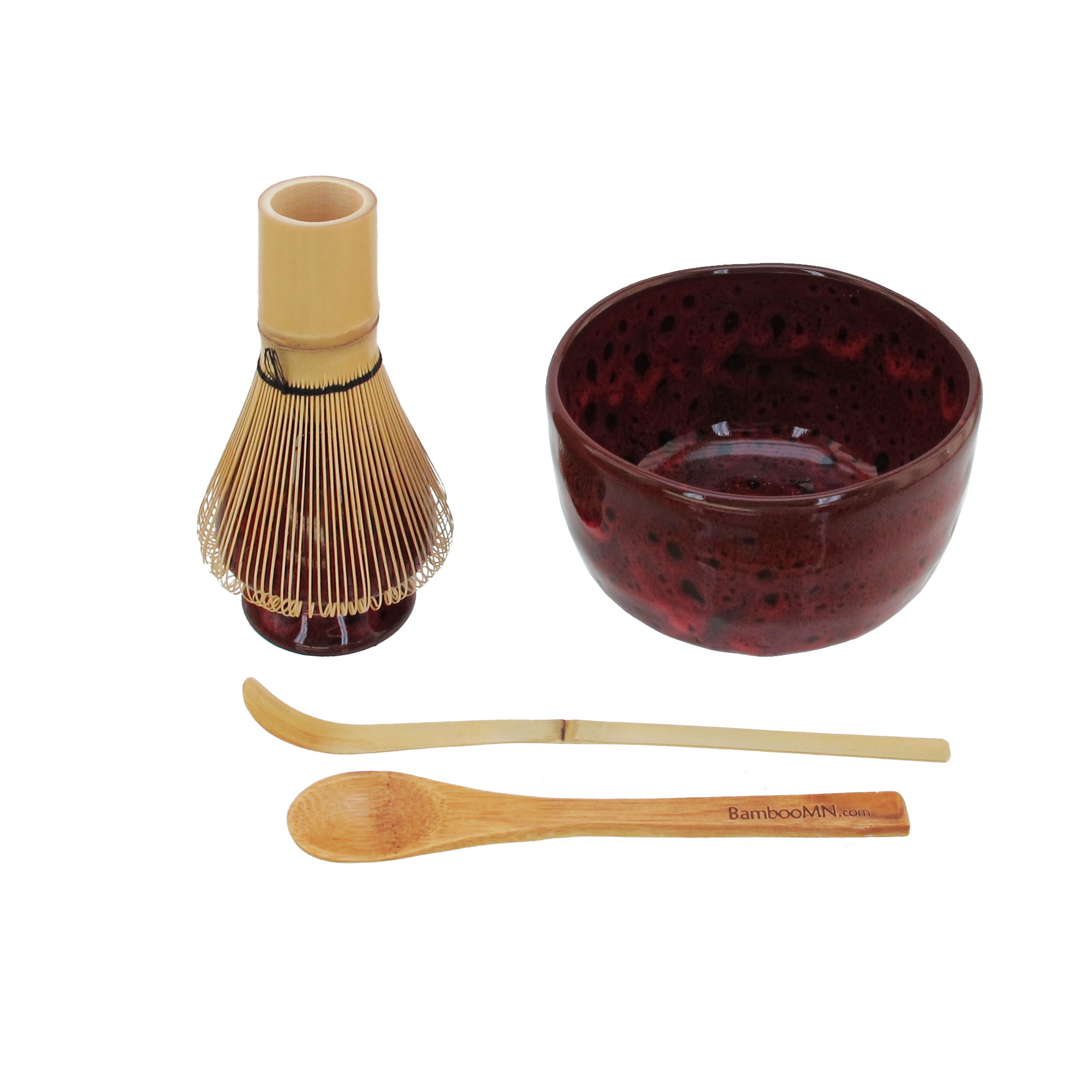 Premium Matcha Tea Set - 10-Piece BambooMN Ceremonial Matcha Bowl Kit with Whisk, Scoop, Spoon & Stand - Deep Red & Black for Traditional Japanese Tea Ceremony, Home Brewing & Zen Meditation