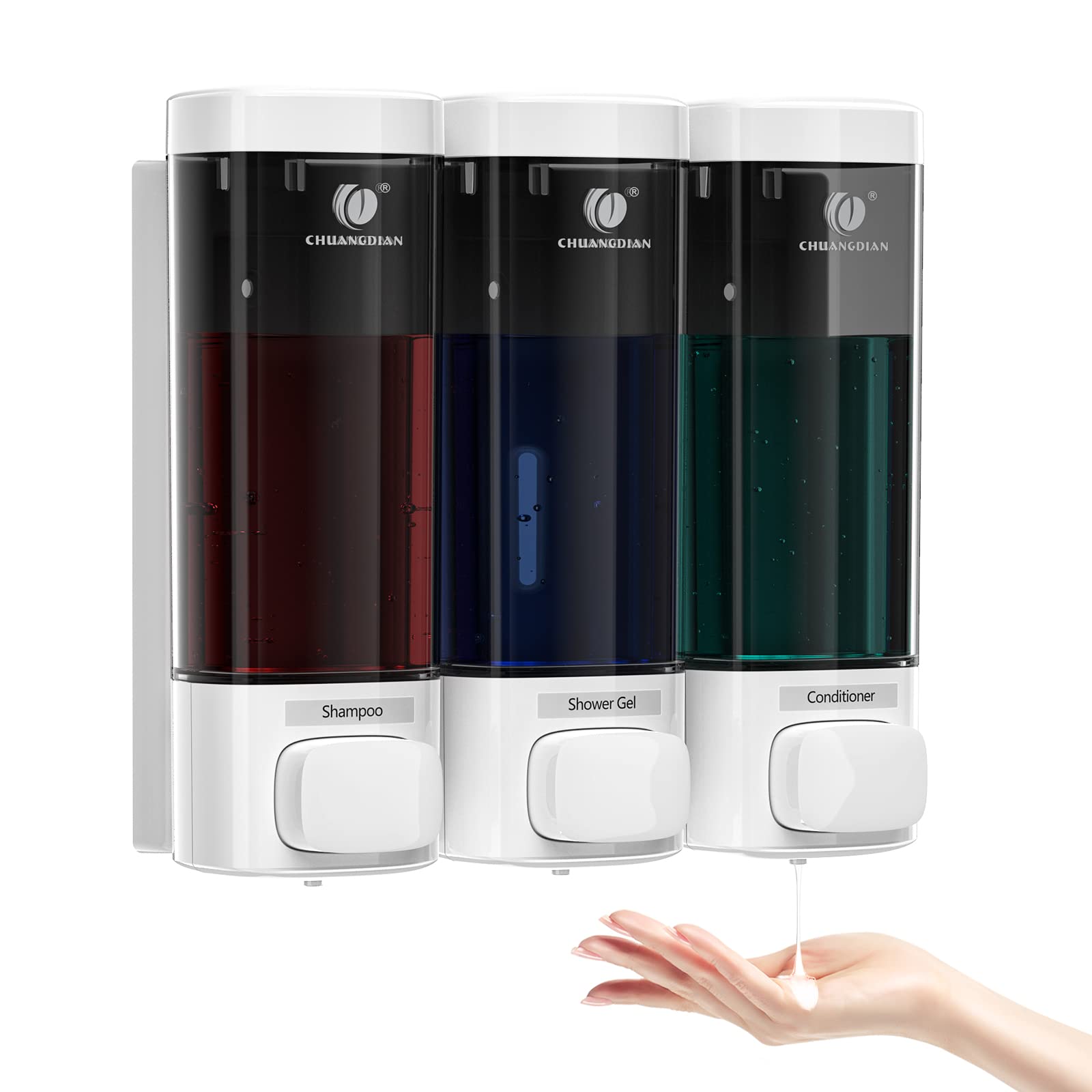 3-Chamber Wall Mount Soap Dispenser for Bathroom & Shower - 320ml No Drill Adhesive Shampoo, Conditioner & Body Wash Dispenser - Perfect for Home, Gym, Spa & RV Use (White)