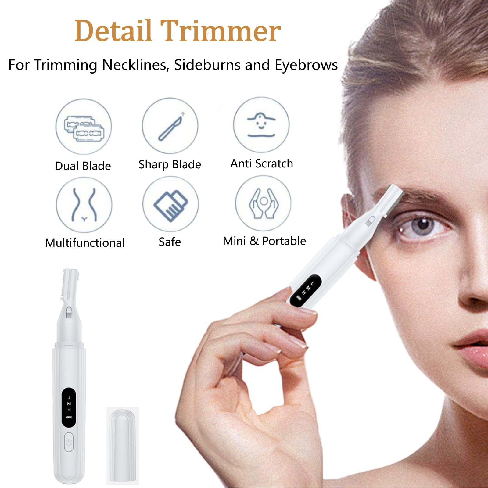 Electric Eyebrow Trimmer for Women & Men - Painless Rechargeable Facial Hair Shaver with Detail Trimmer for Eyebrows, Face, Lips, Armpits, Legs & Body (White) | Perfect for Travel, Home Use & Personal Grooming