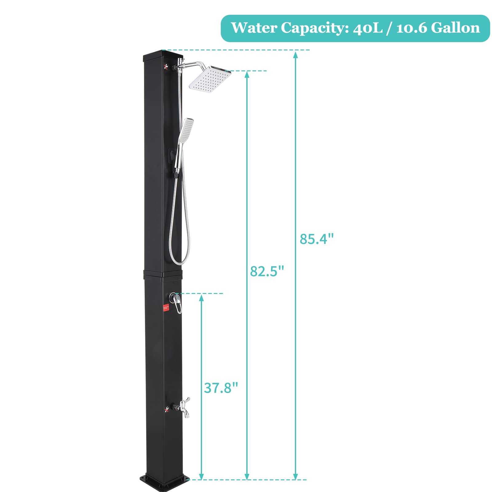 VINGLI 10.6 Gallon Solar Heated Outdoor Shower - Portable Camping Shower with Adjustable Shower Head, Handheld & Foot Tap - Perfect for Backyard, Poolside, Beach, RV, and Spa Use (Black)