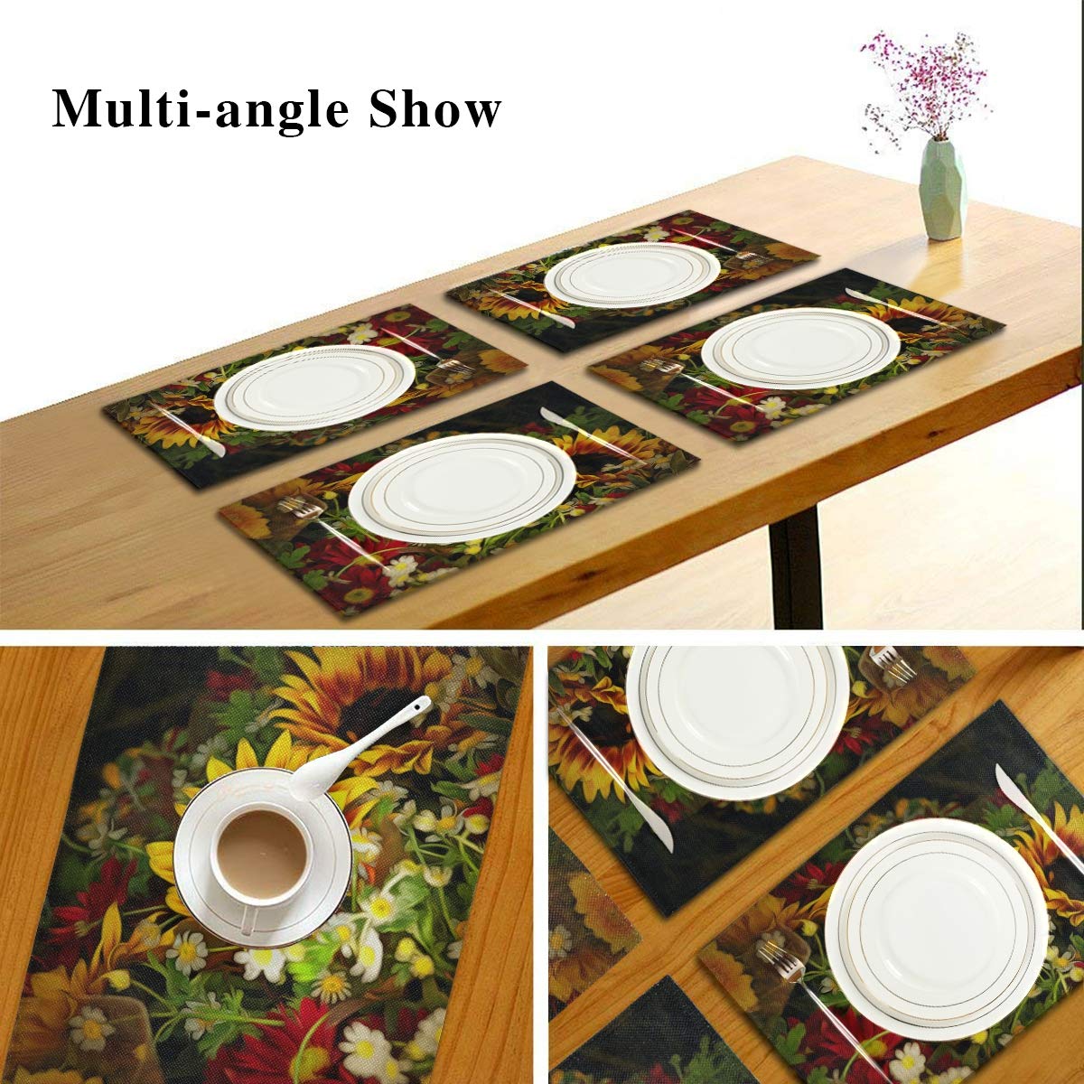 Blueangle Sunflower Placemats Set of 6 - Non-Slip Heat Resistant Table Mats for Dining Table Decor | Perfect for Kitchen, Party, and Home Decor