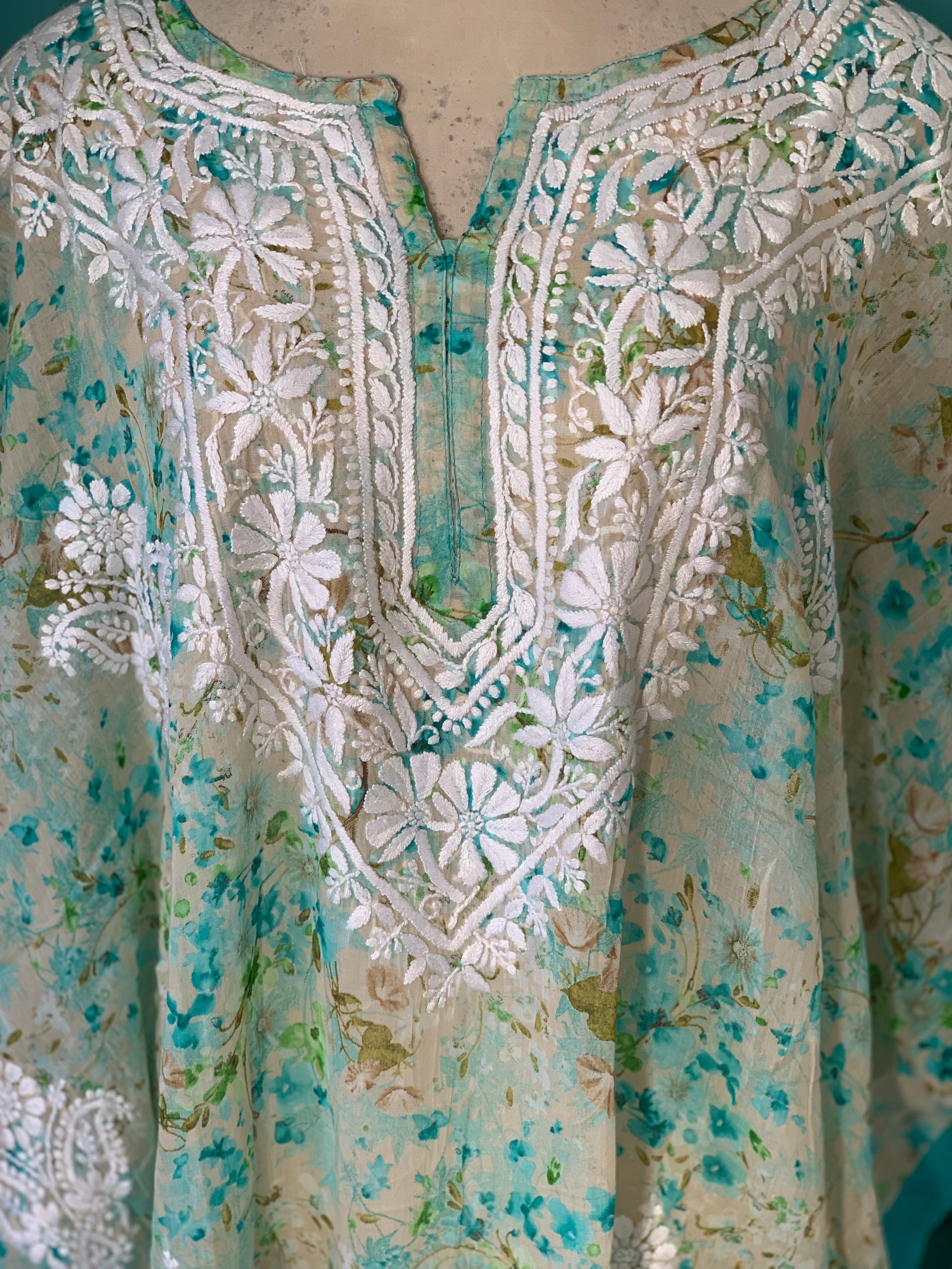 Free Size Softest Muslin Kaftan with Exclusive Chikan Hand Embroidery - Perfect for Beach Cover Up, Summer Dresses & Boho Fashion