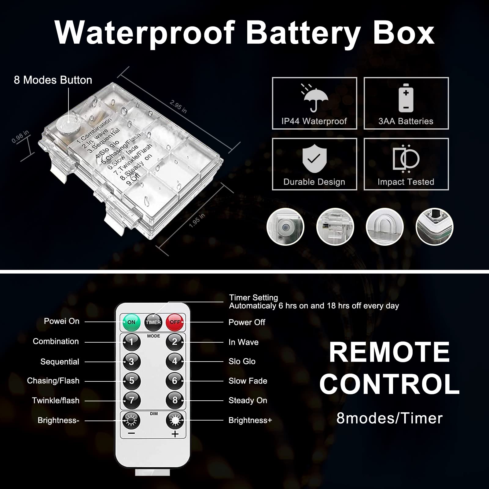 JMEXSUSS 100 LED Battery Operated Rope Lights - 33ft Outdoor Waterproof Christmas String Lights with Remote, 8 Lighting Modes - Perfect for Trampoline, Camping, Balcony, Canopy, Deck, Party & Holiday Decor (White)