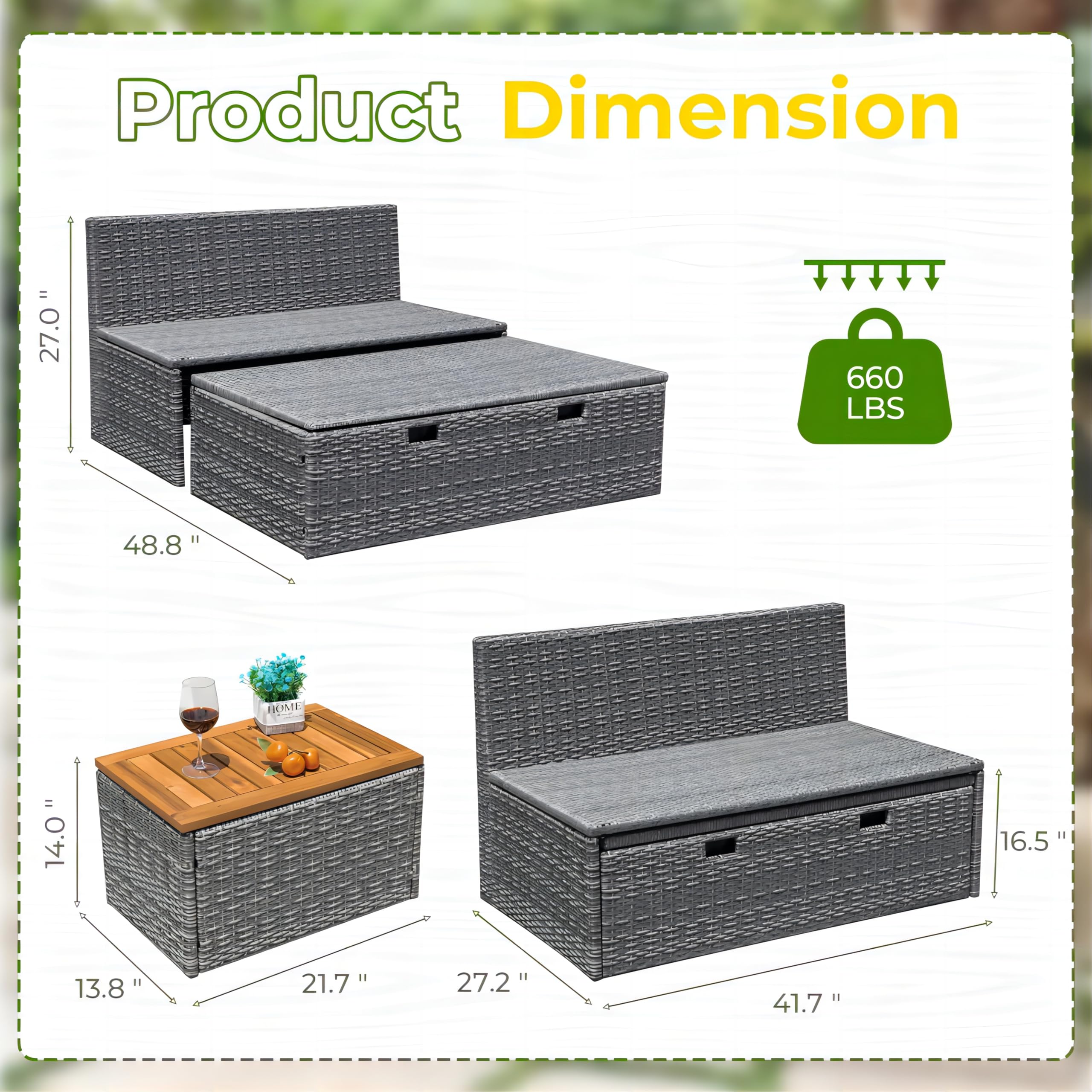 Greesum Outdoor Daybed Set - Multifunctional Wicker Lounge Bed with 2 Side Tables, Cushions & Storage Bench - White Patio Furniture for Porch, Lawn, Garden, Beach & Poolside Relaxation