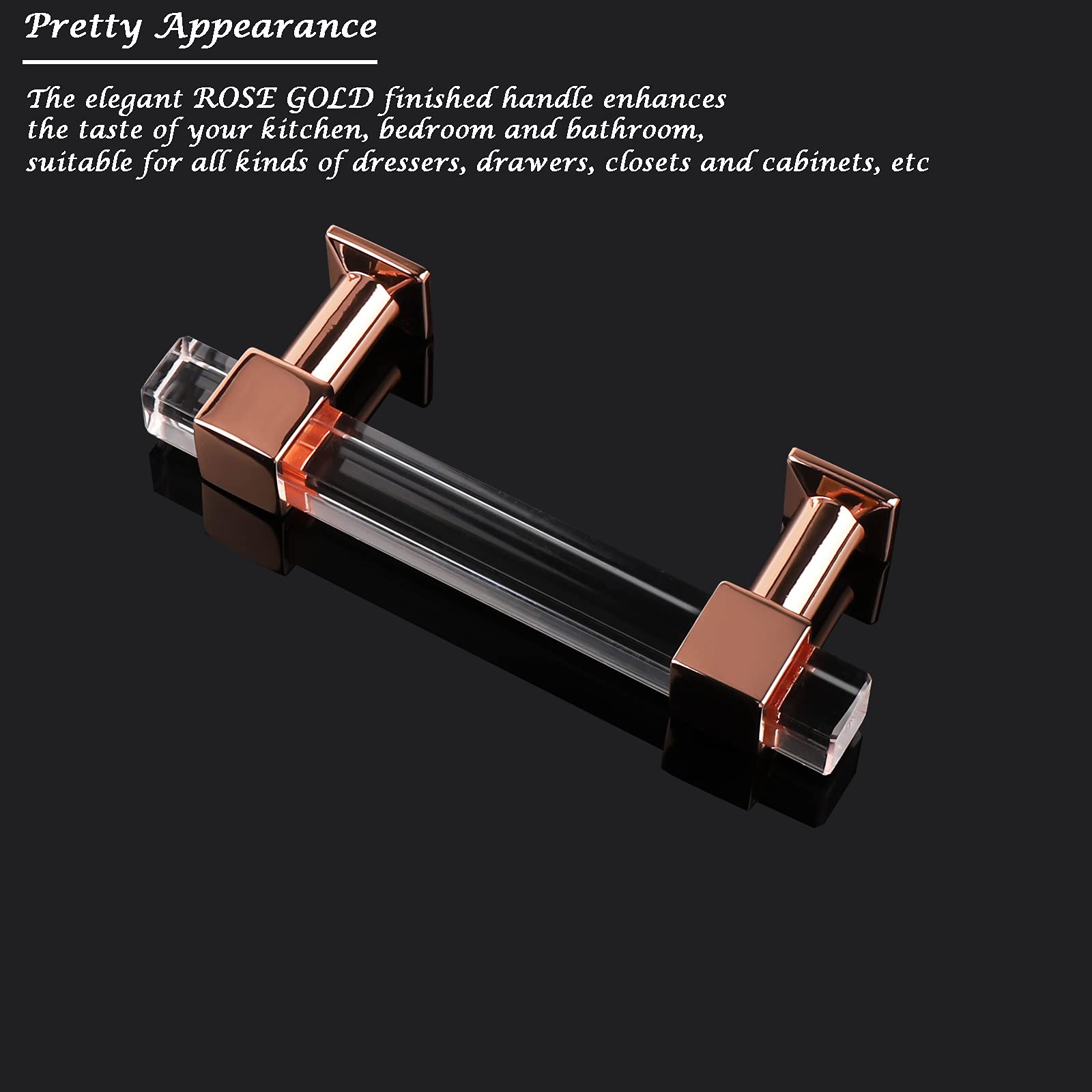 30 Pack Clear Acrylic Cabinet Handles with Rose Gold Finish - 3 Inch Hole Centers Modern Square Drawer Pulls for Kitchen & Bathroom Cabinets - Perfect for Home Renovation, Furniture Upgrade and Interior Decor