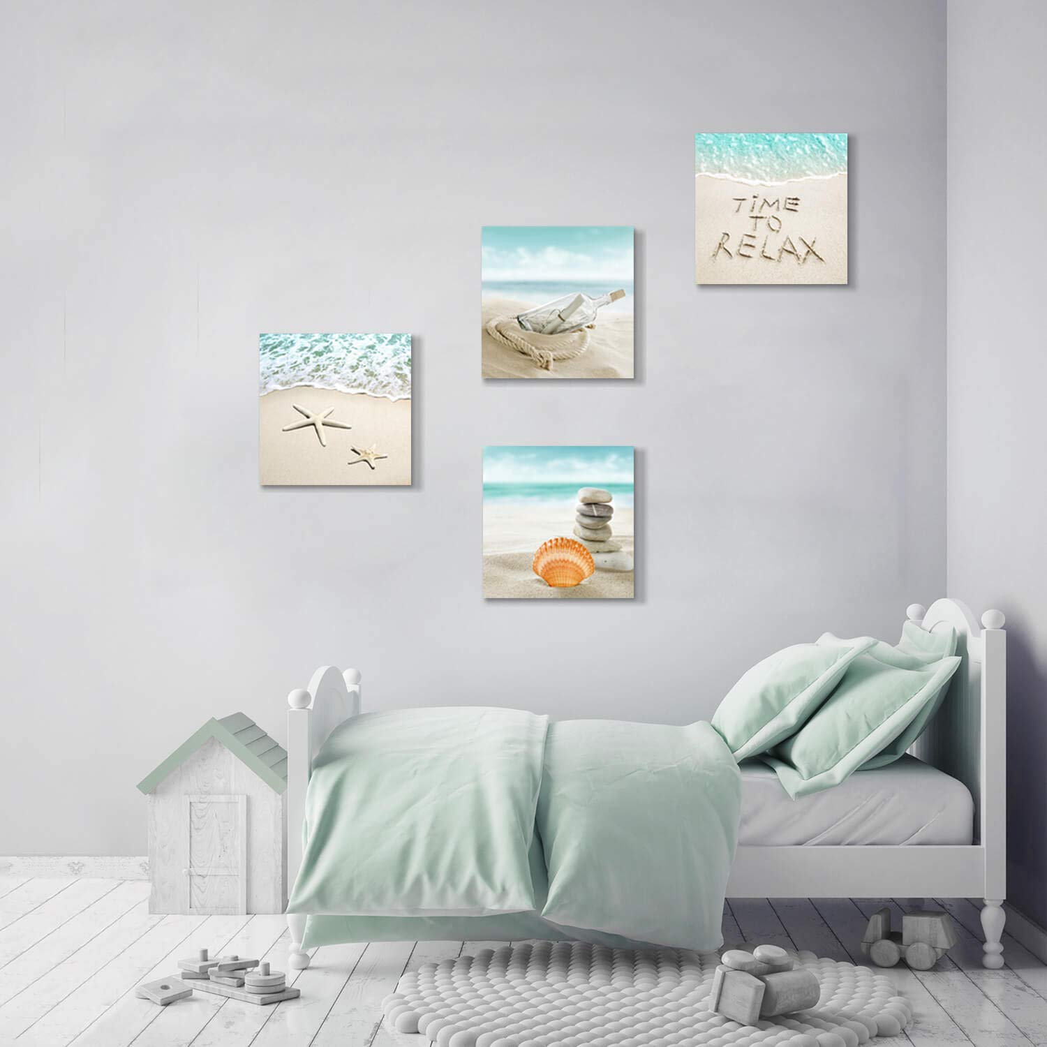 Coastal Beach Wall Art Set - 16''x16'' 4-Panel Canvas Prints of Seashells & Drift Bottles, Ocean Themed Bathroom Decor for Coastal & Nautical Home Styling | Perfect for Beach House, Bathroom, or Living Room Wall Decor