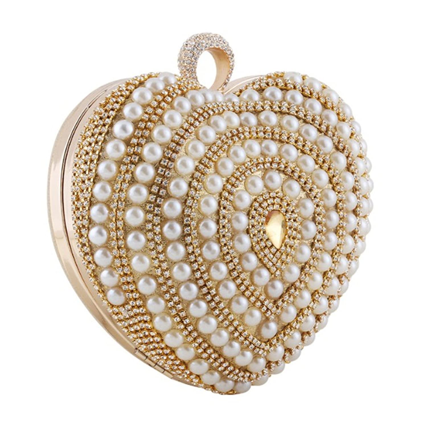 Elegant Women's Pearl Heart-Shaped Evening Clutch Purse with Dazzling Crystals - Wedding, Prom, Party Crossbody Shoulder Bag for Special Occasions