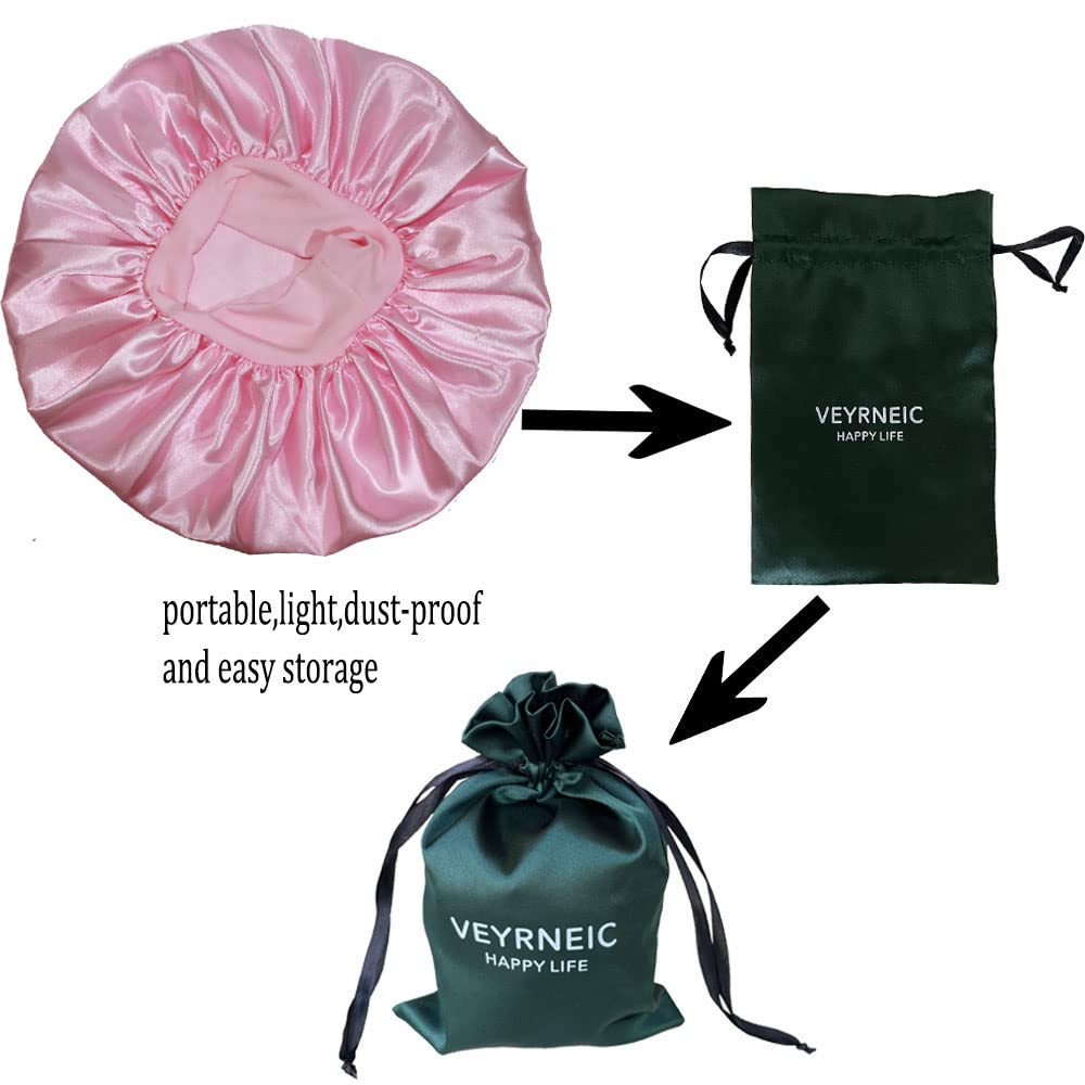Veyrneic Satin Sleep Bonnet for Women - Wide Elastic Band Silk Night Cap for Braids, Natural Hair & Chemo - Includes Satin Storage Bag (Pink) | Perfect for Nighttime Hair Protection, Shower & Travel Use