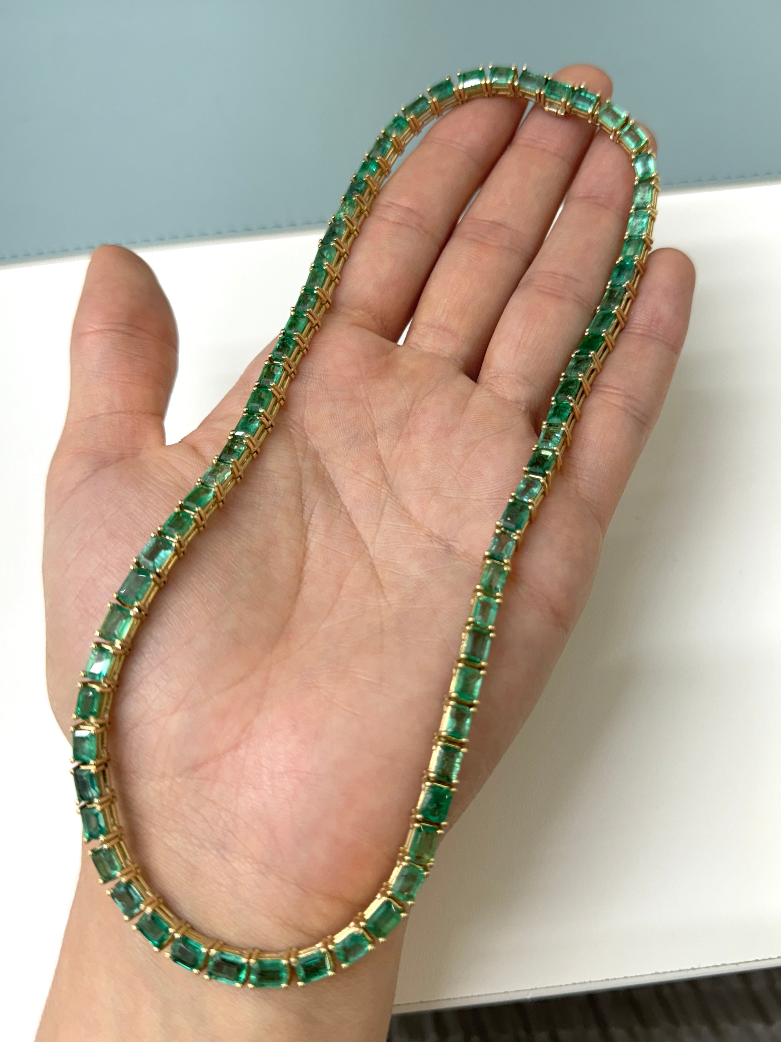 46.28 Carat Large Emerald Cut Prong Tennis Necklace in Solid 14K Yellow Gold | Elegant Jewelry for Weddings, Parties & Special Occasions