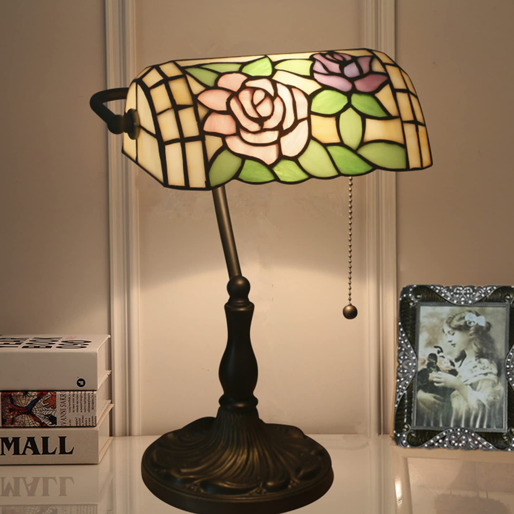 Tiffany Style Bankers Lamp - Stained Glass Desk Lamp with Warm Yellow Glass Shade & Antique Zinc Base - Perfect for Home Office, Living Room, Study or Bedside Table Lighting