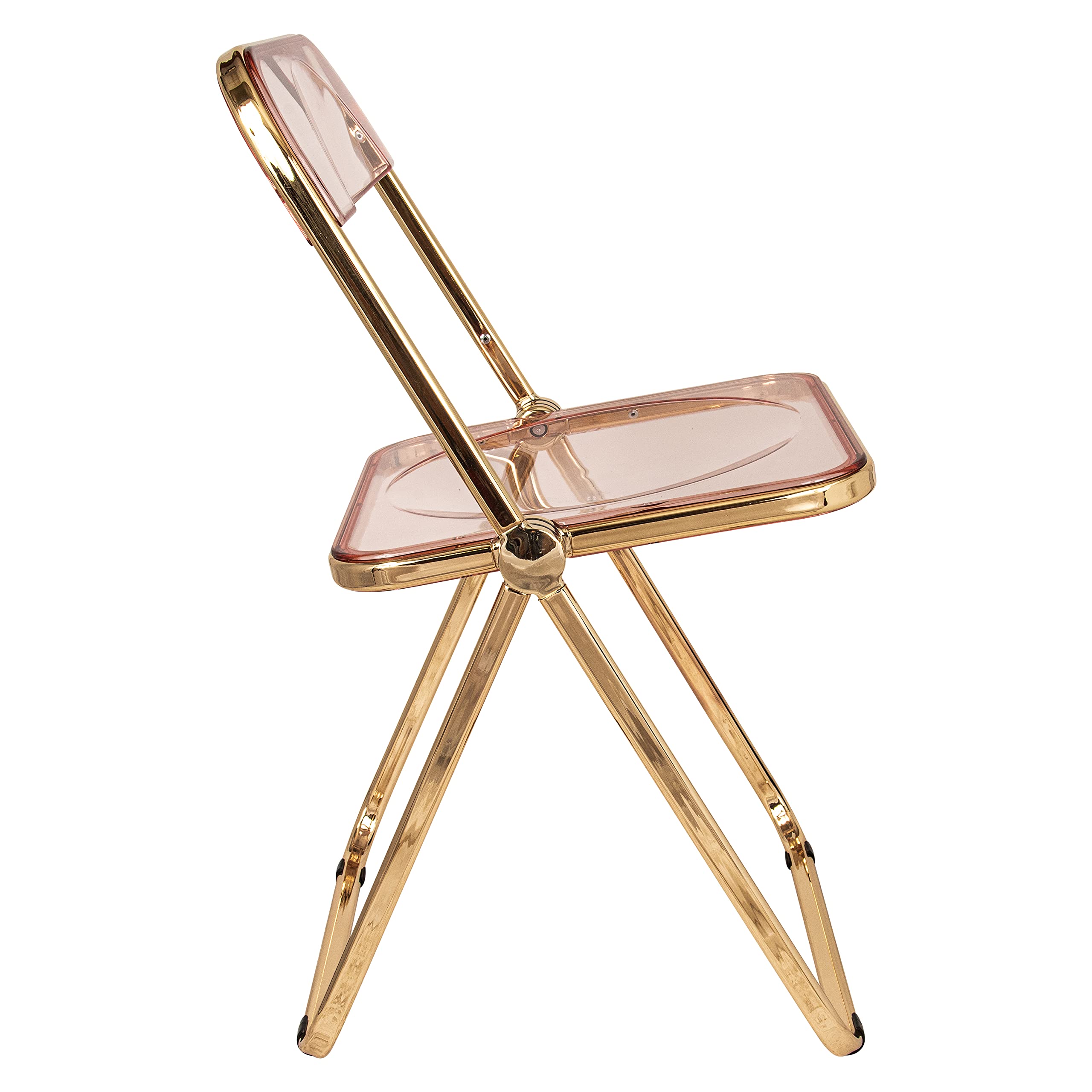 LeisureMod Lawrence Modern Transparent Acrylic Folding Chairs with Gold Metal Frame - Set of 2 Rose Pink - Perfect for Patio, Garden, Poolside & Indoor Events