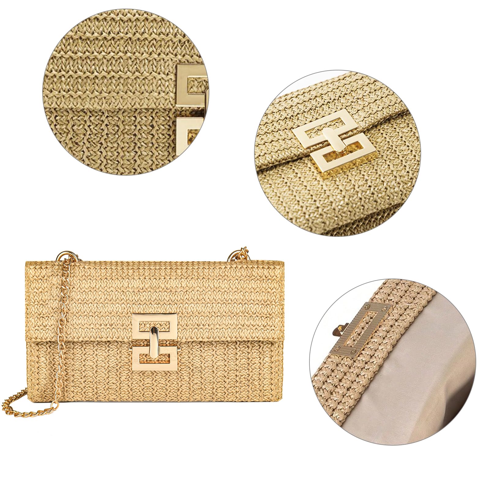 Women's Straw Chain Clutch Purse - Woven Envelope Handbag with Shoulder Strap & Crossbody Strap - Perfect for Beach, Summer Outings & Casual Events