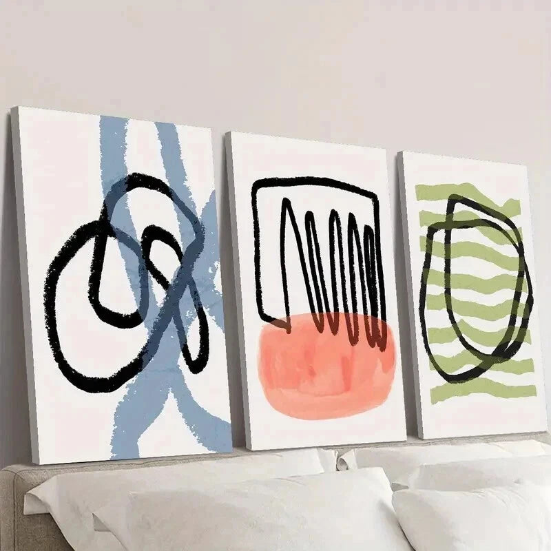 3-Piece Abstract Black Blue Red Green Line Drawing Wall Art Set - Framed Canvas 60x90cm | High Quality Print | 100% Australian Made | Ready to Hang | Perfect for Living Room, Bedroom & Office Decor