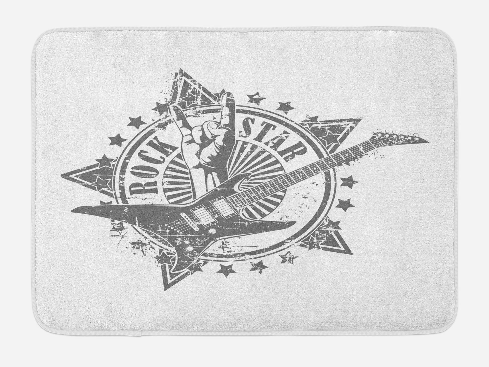 Ambesonne Non-Slip Guitar Bath Mat - Stars Rock Sign Monochrome Musical Instrument Design for Rockstar Lifestyle, Plush Bathroom Decor Mat, 30.2 x 20 Inches, Pale Grey White - Perfect for Music Lovers' Bathroom & Gift for Guitar Enthusiasts