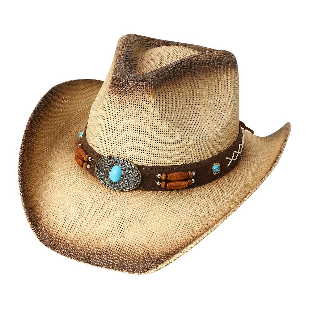 Turquoise Wooden Beaded Western Cowboy Hat for Women & Men - Stylish Straw Fedora for Country Music Festivals, Rodeos & Summer Outdoor Events
