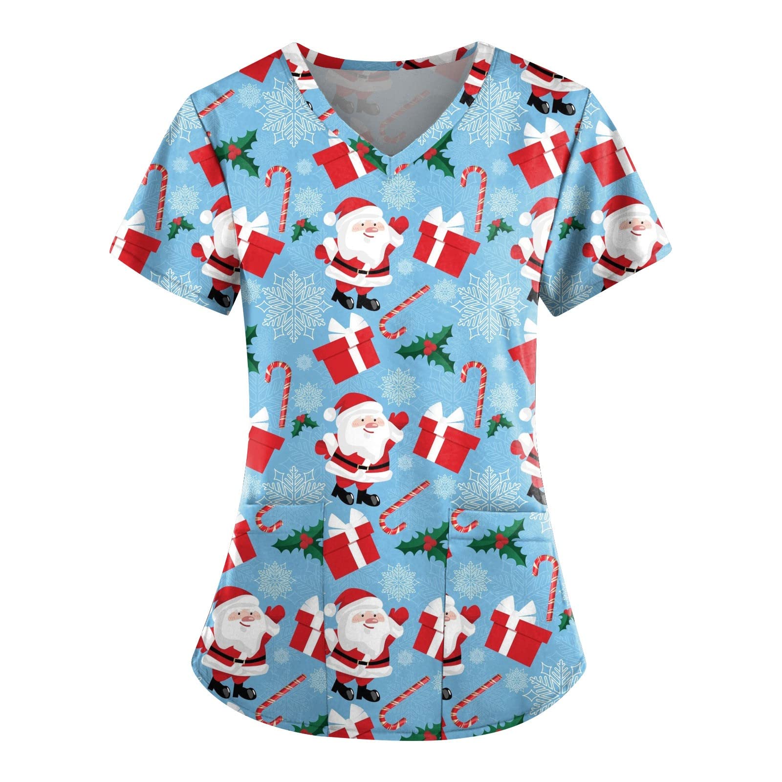 Festive Christmas Scrubs Tops for Women - Cartoon Print, Stretchy & Comfortable Santa Graphic Medical Uniform with Pockets - Perfect for Nurses, Healthcare Workers & Holiday Work Parties