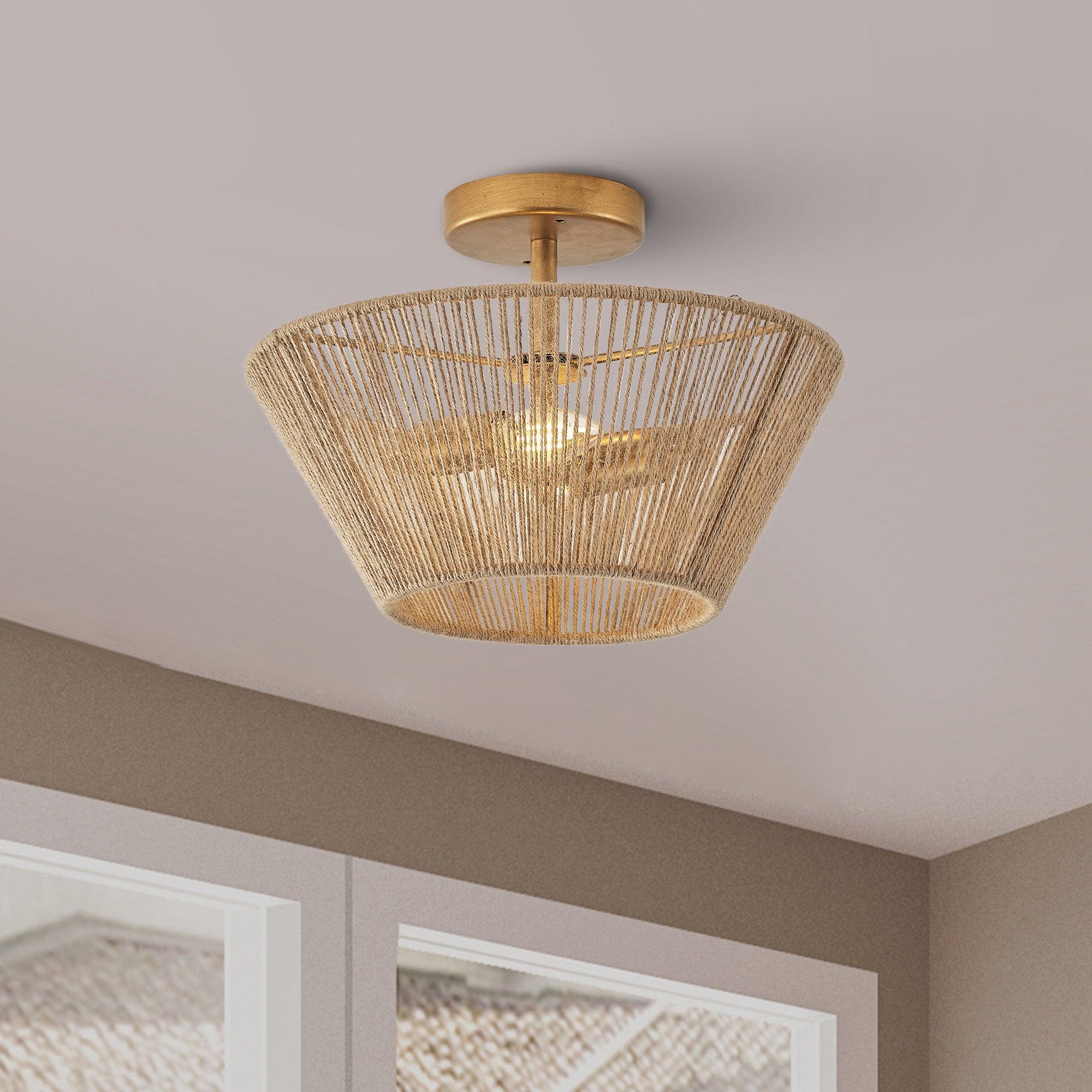 Farmhouse 2-Light Flush Mount Ceiling Light with Natural Rattan Rope - Perfect for Kitchen, Dining Room, Bedroom & Boho Home Decor