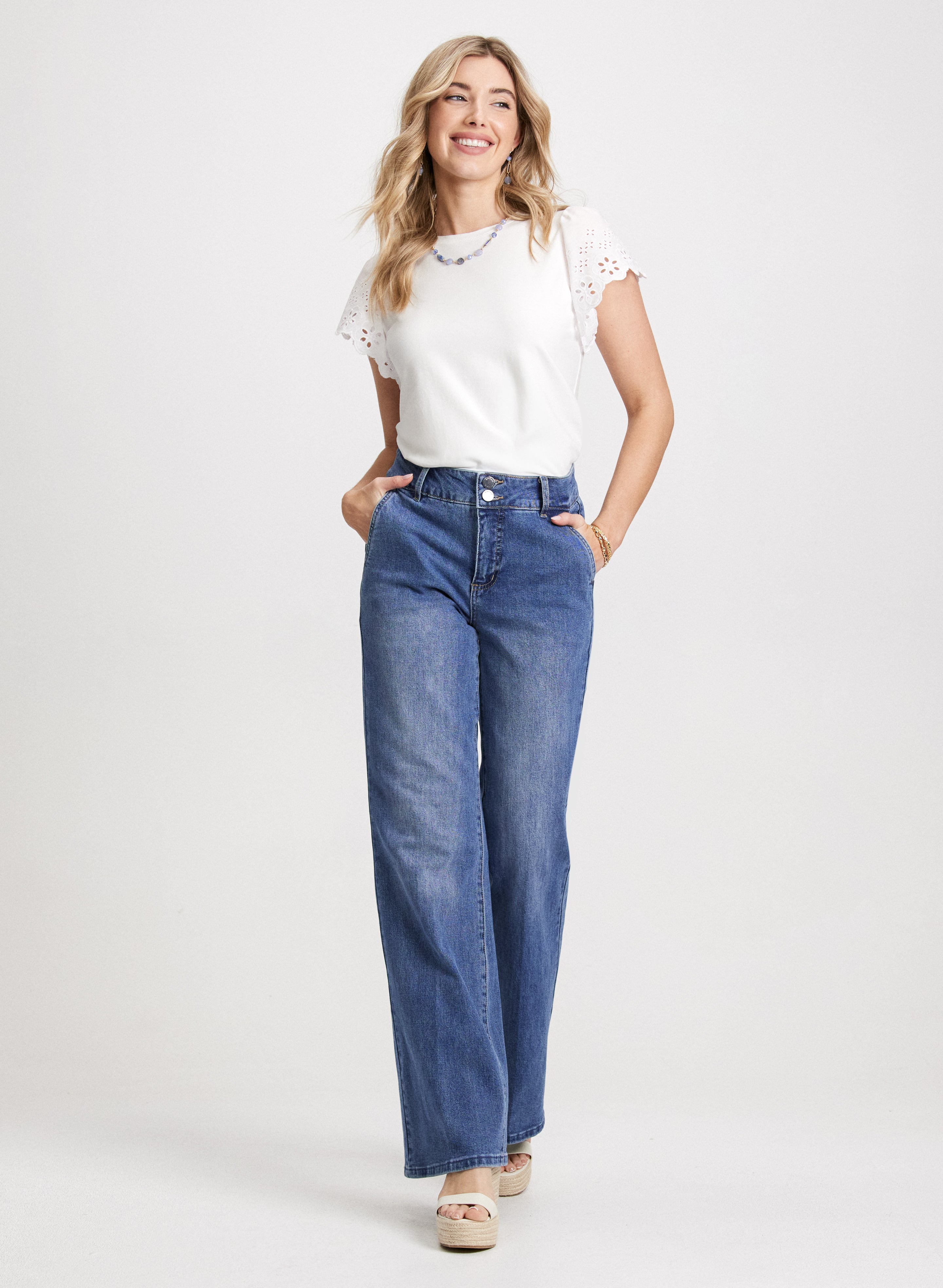 Eyelet Sleeve Tee - Women's Fashion Short Sleeve Blouse with Lace Trim - Perfect for Summer Outfits & Casual Wear