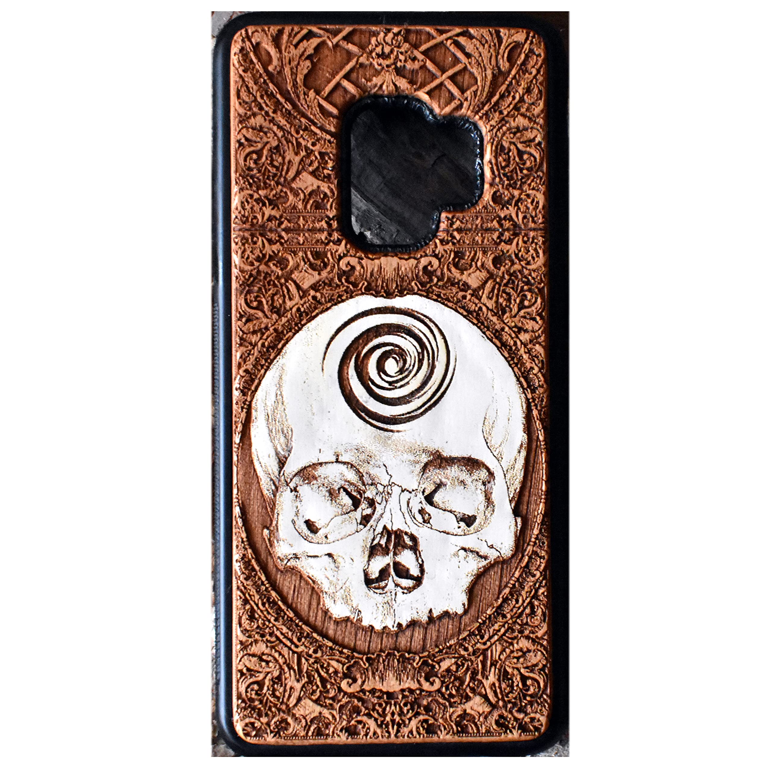 Hand-Painted Skull Laser Engraved Wooden Phone Case for iPhone 16/15/14/13/12/11 Pro Max/Mini & Galaxy S25/S24/S23/S22/S21/S20 Ultra Plus - Eco-Friendly Slim Durable Wood Cover | Perfect for Halloween, Gothic Style & Nature Lovers