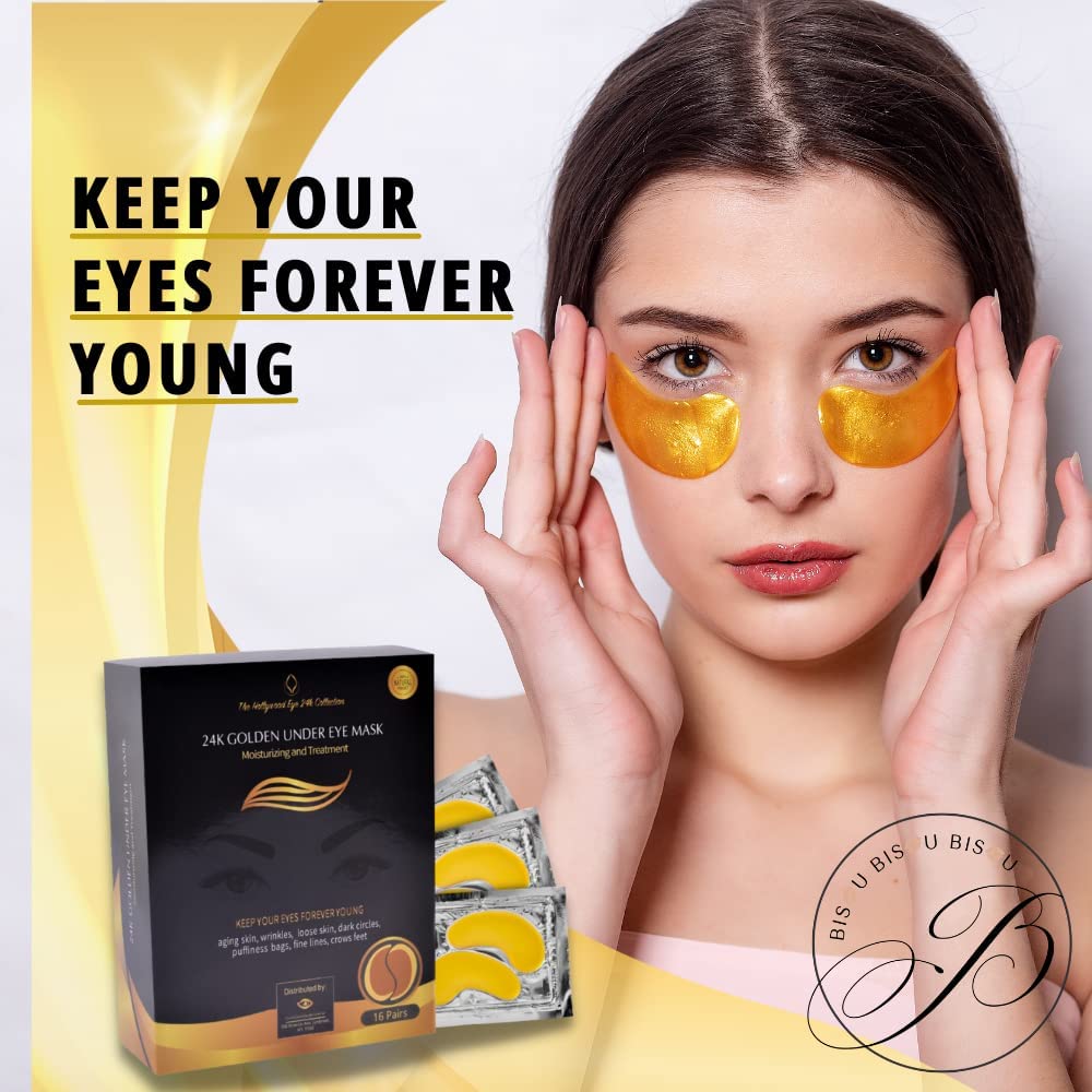 16 Pairs 24K Gold Hydrogel Under Eye Patches - Anti-Aging Eye Mask for Dark Circles, Puffiness & Wrinkles - Collagen Infused Eye Pads for Brightening & Hydration - Perfect for Night Routine & Travel Skincare
